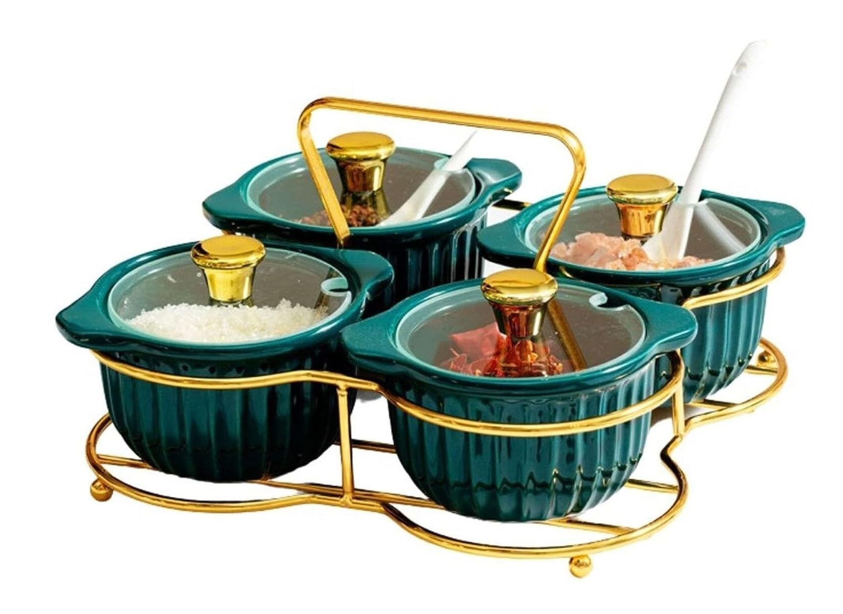 SAeWare Juego de 4 recipientes de cerámica para condimentos con tapa de cuchara y bandeja, tarros de condimentos con cuchara, cocina, especias, azúcar, encimera de cocina, verde oscuro, 4 piezas