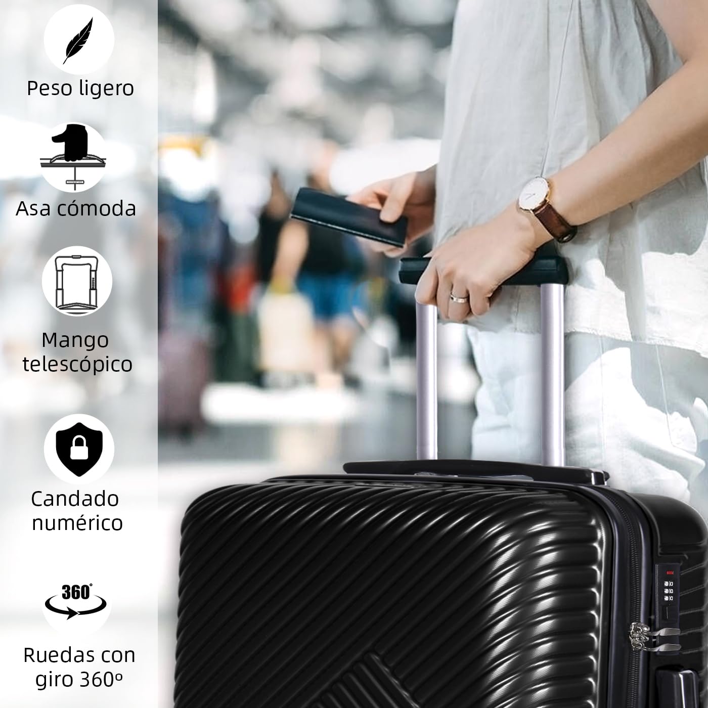 MERCURY TEXTIL- Juego de 2 Maletas de Viaje (Negro) | Cabina y Mediana, Maletas de ABS Rígidas, Ligeras y Resistentes 4 Ruedas Dobles 360º