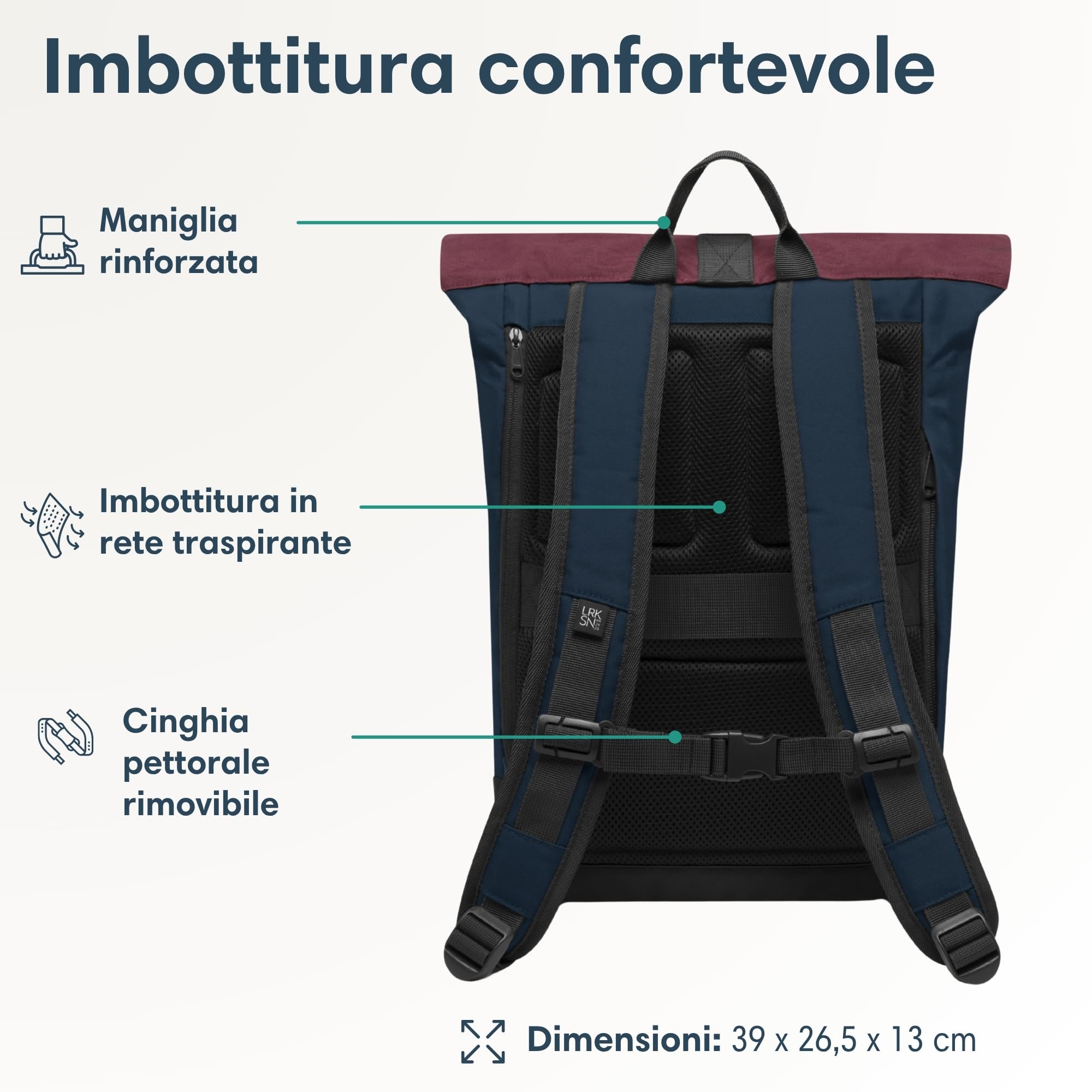 LARKSON Zaino Donna & Uomo Blu Rosso - Janne Small - Zaino roll-top con Scomparto per Laptop per Università, Lavoro, Viaggi e Bicicletta - Zainetto Piccolo - Idrorepellente