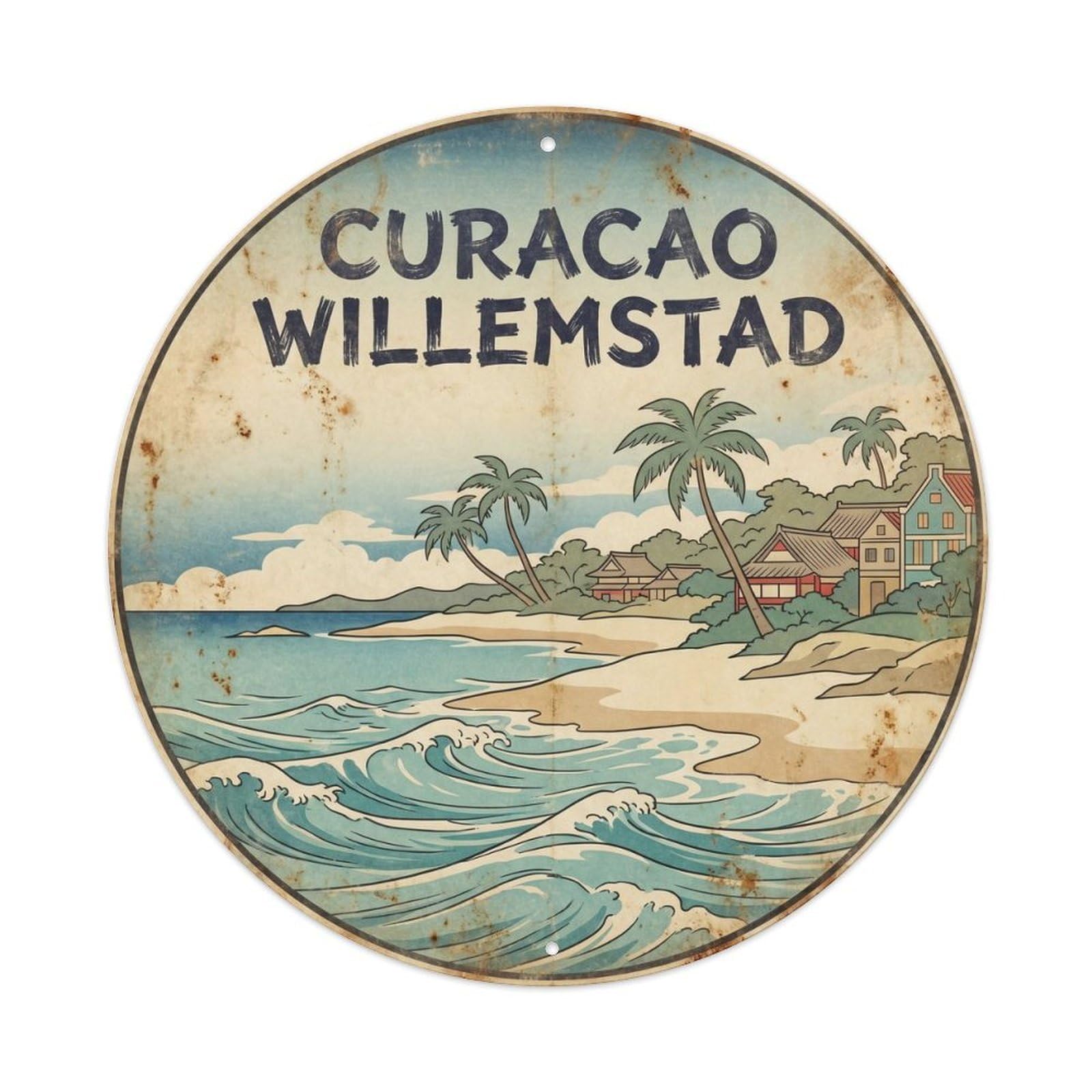 Curacao Willemstad Coastal Escape Classic Illustration Metal Tin Sign