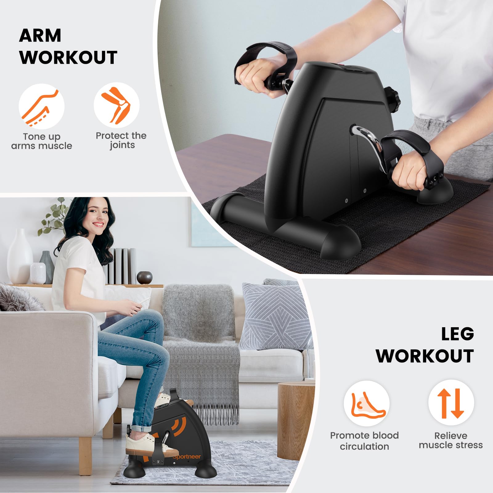 Sportneer Pedaltrainer für Senioren,Mini Heimtrainer mit LCD-Display, Fitnessgeräte für Zuhause – Tischfahrrad, Ergometer Senioren, Arm- und Beintrainer für Senioren mit Anti-Rutsch-Matte