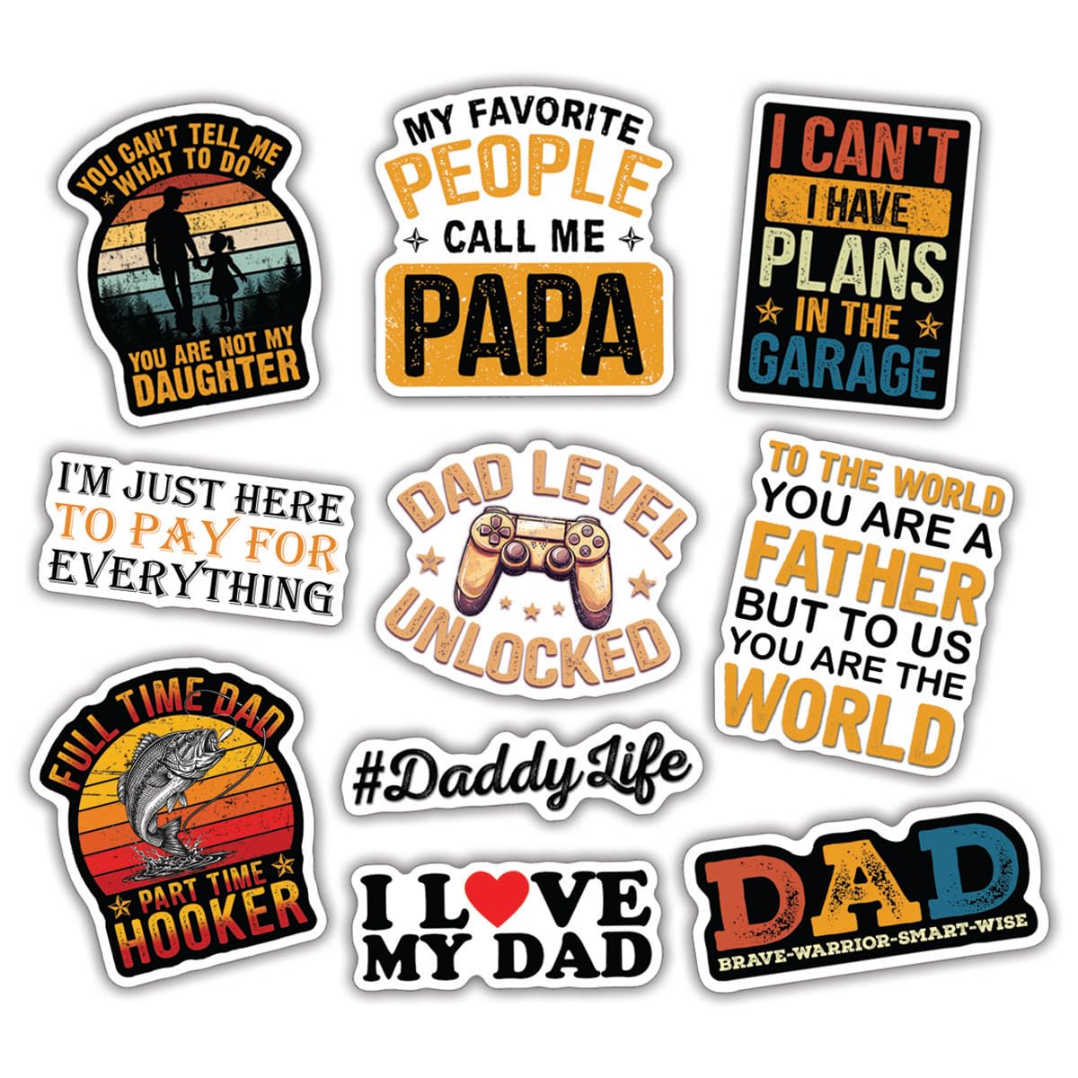 10pcs Dad Sticker Sheet, Funny Gift for Father's Day Vinyl Decals for Fathers, New Dads, Waterproof, UV-Resistant, for Laptop, Toolbox, Water Bottle,