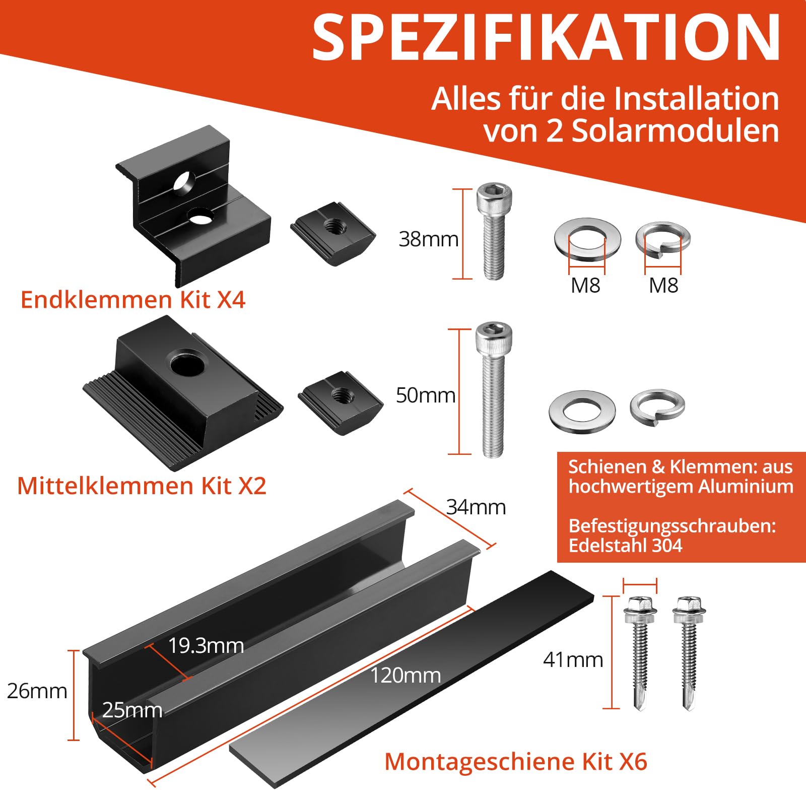 GETLITOOL Solarmodul Halterung, PV Halterung Montageset zur Montage 2 Module-12cm Alu Schiene, Verstellbare Klemme für 30-35MM Module, Solarpanel Halterung Flachdach Trapezblech Ziegeldach| Schwarz