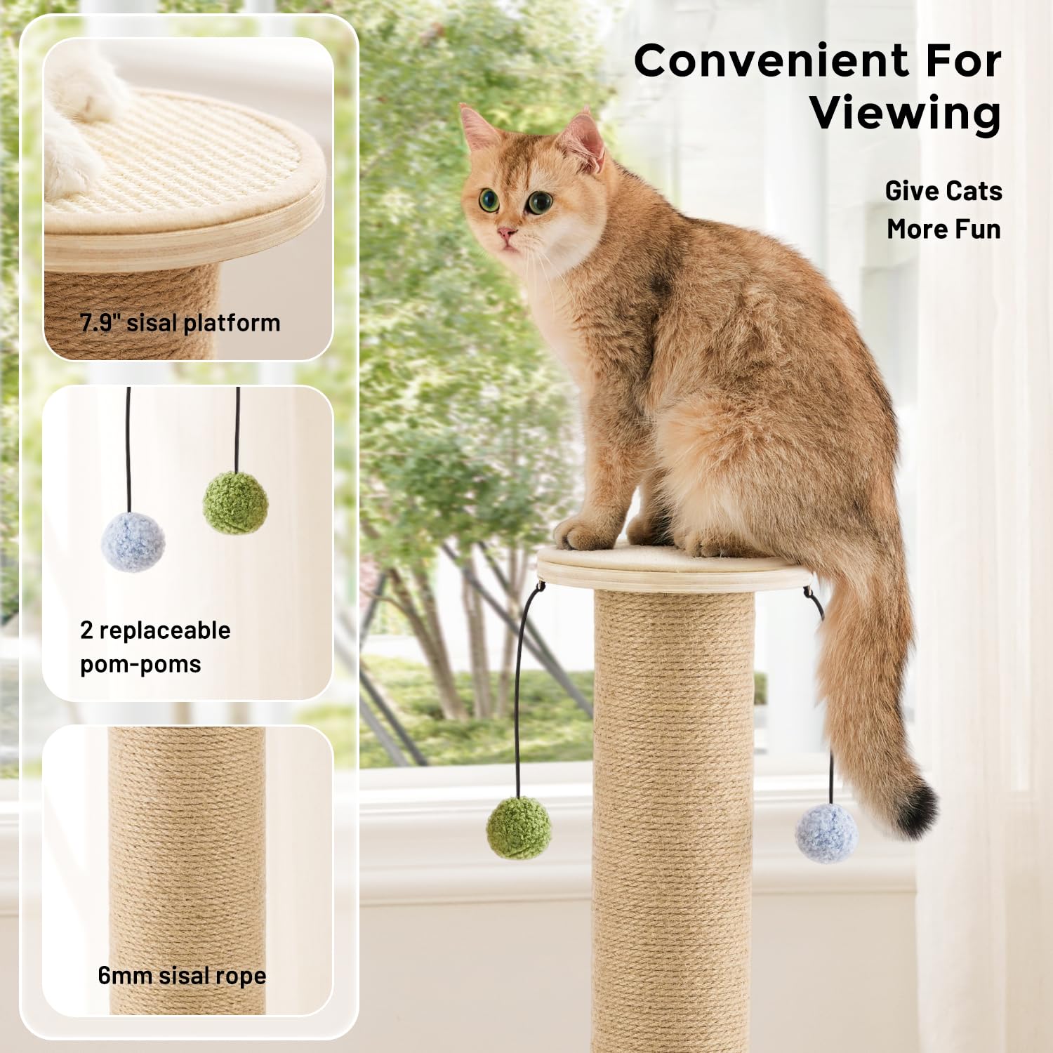 ZOMISIA Kratzbaum für Wohnungskatzen, 88 cm Hoch | Stabiler Sisal-Katzenkratzbaum, 12 cm Dicke Säule, Verstärkter Holzfuß, Hängende Spielbälle