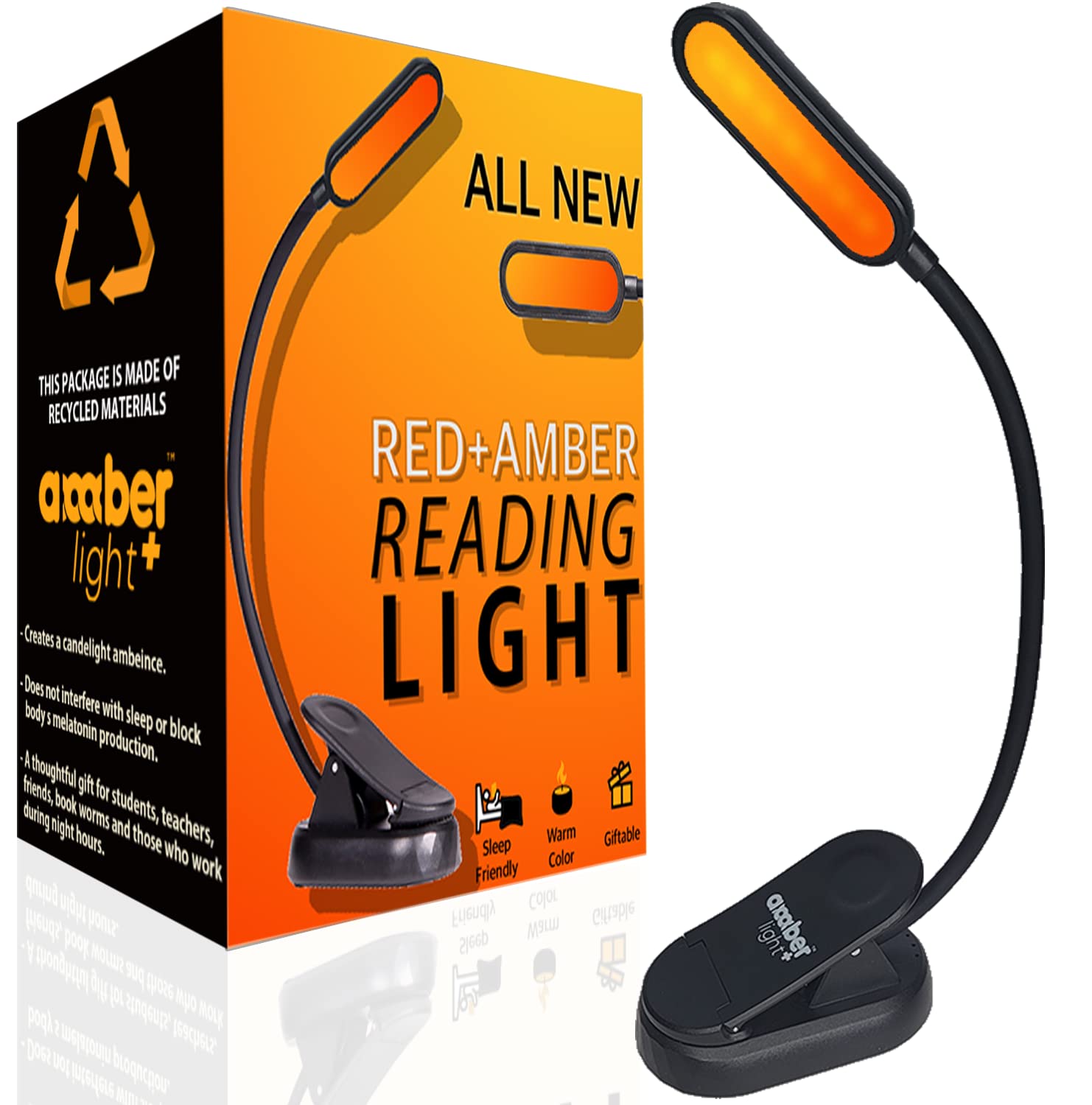 Amber Reading Light + Red Light. Giftable Blue Light Blocking Book Light For Reading in Bed