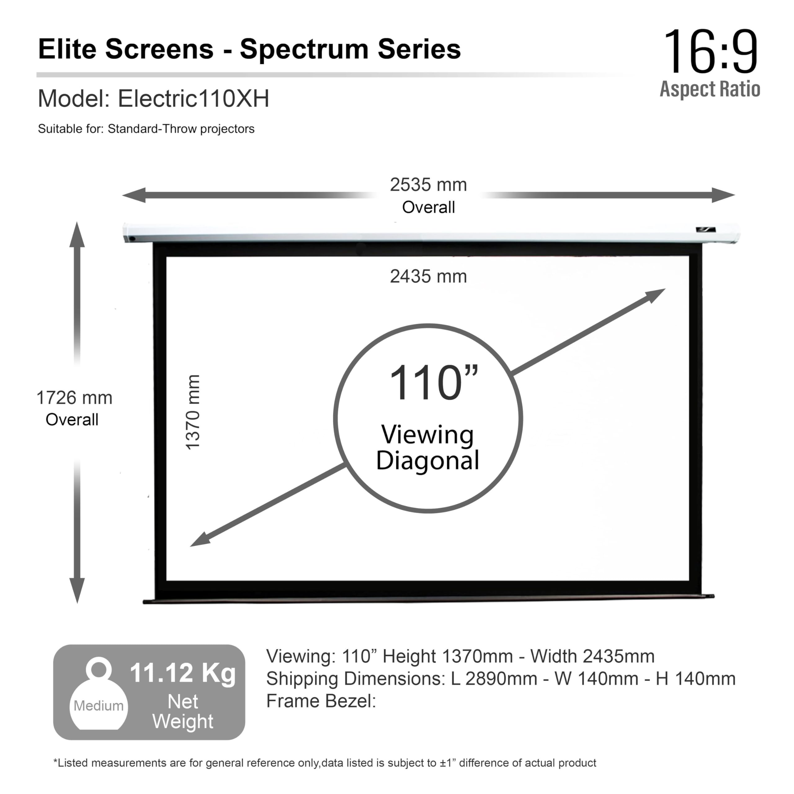 Elite Screens ELECTRIC110XH Schermo per proiettore 2,79 m (110") 16:9 - Schermo Motorizzato, 2,79 m (110"), 2,44 m, 137 cm, 16:9