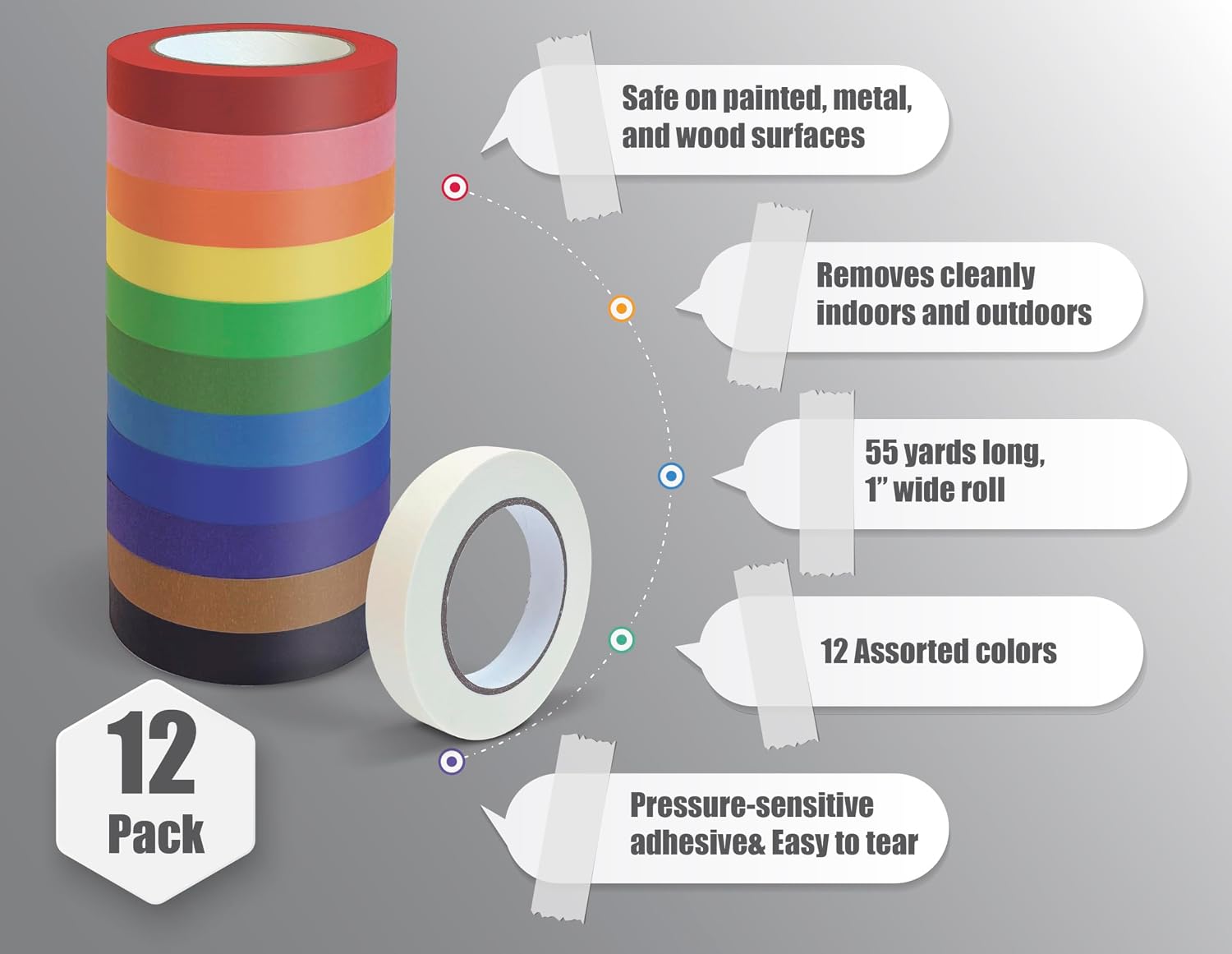 Masking Tape in Assorted Brilliant Colors, 1 Inch x 55 Yards, Bulk 12 Pack, Adhesive Painting Tape, Bulk Pack for Home, School, Arts & Crafts, Office, 12 Rolls x 55 Yards, 660 Total Yards