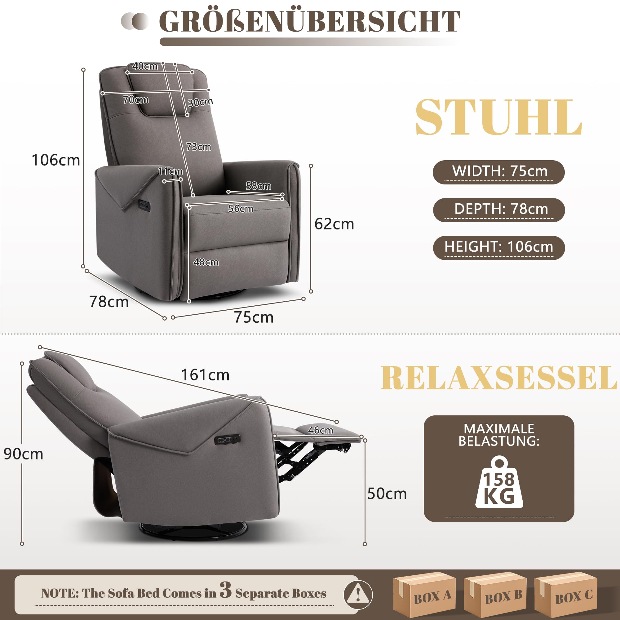 Elektrischer Relaxsessel mit Massage und Wärme, Fernsehsessel 270° Drehbar mit Liegefunktion, Massagesessel mit Schaukelfunktion für Wohnzimmer (Grau)