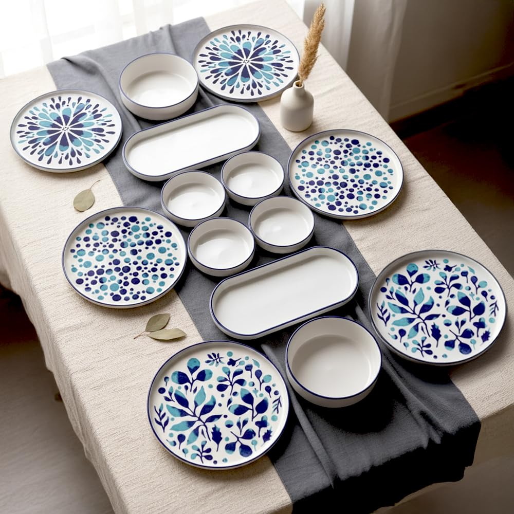 14-częściowy zestaw śniadaniowy dla 6 osób – seria Stackable Blue Ethnic z ceramiki Kütahya – ręcznie wykonany, trwały i można układać w stos – nadaje się do mycia w zmywarce i wysokiej