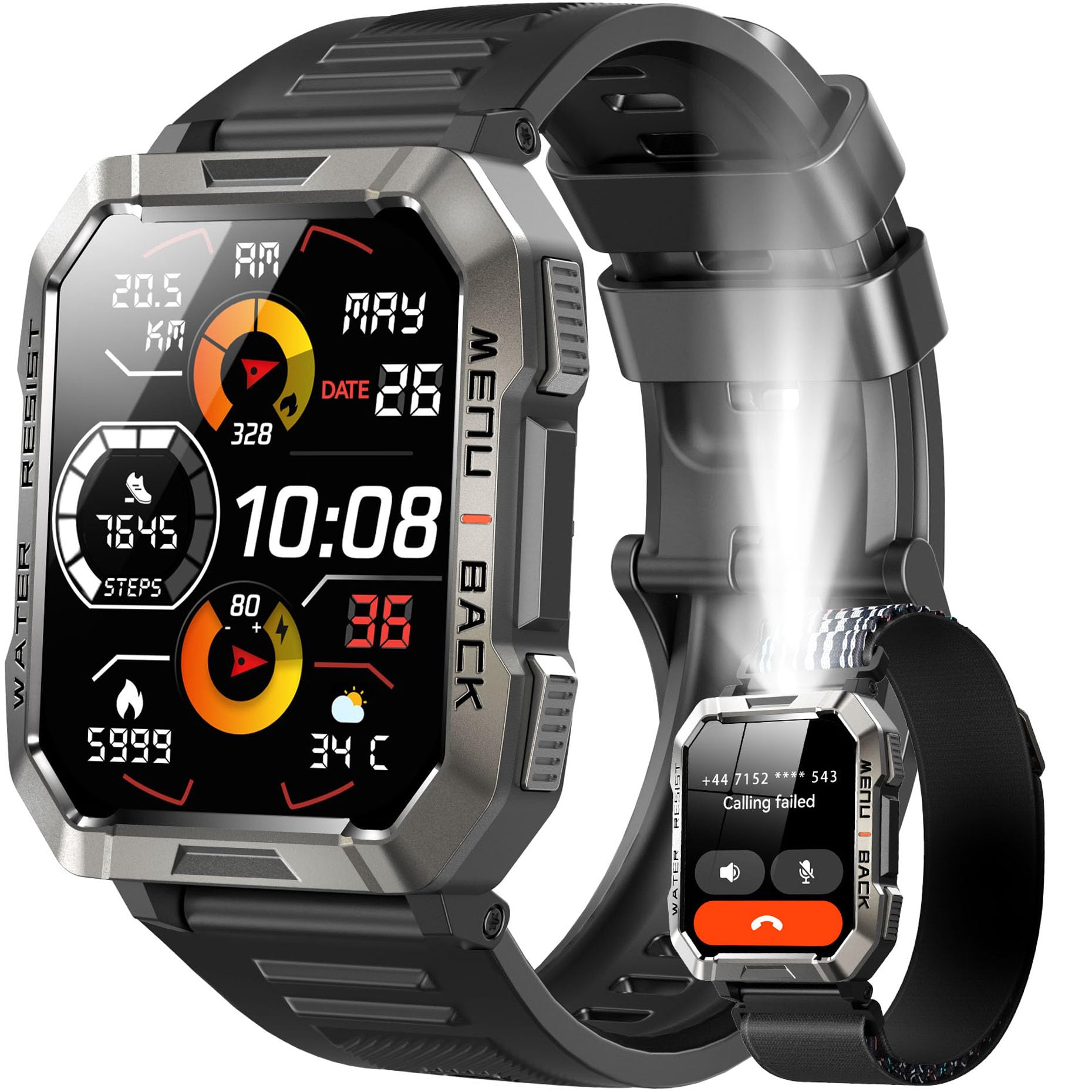 IOWODO Reloj Inteligente Hombre con Linterna, 2.01" HD Smartwatch Hombre con Llamadas Bluetooth/Brújula/Monitor de Sueño,900mAh Reloj Deportivo Hombre 100+ Modos Deportivos para iOS& Android (Negro)