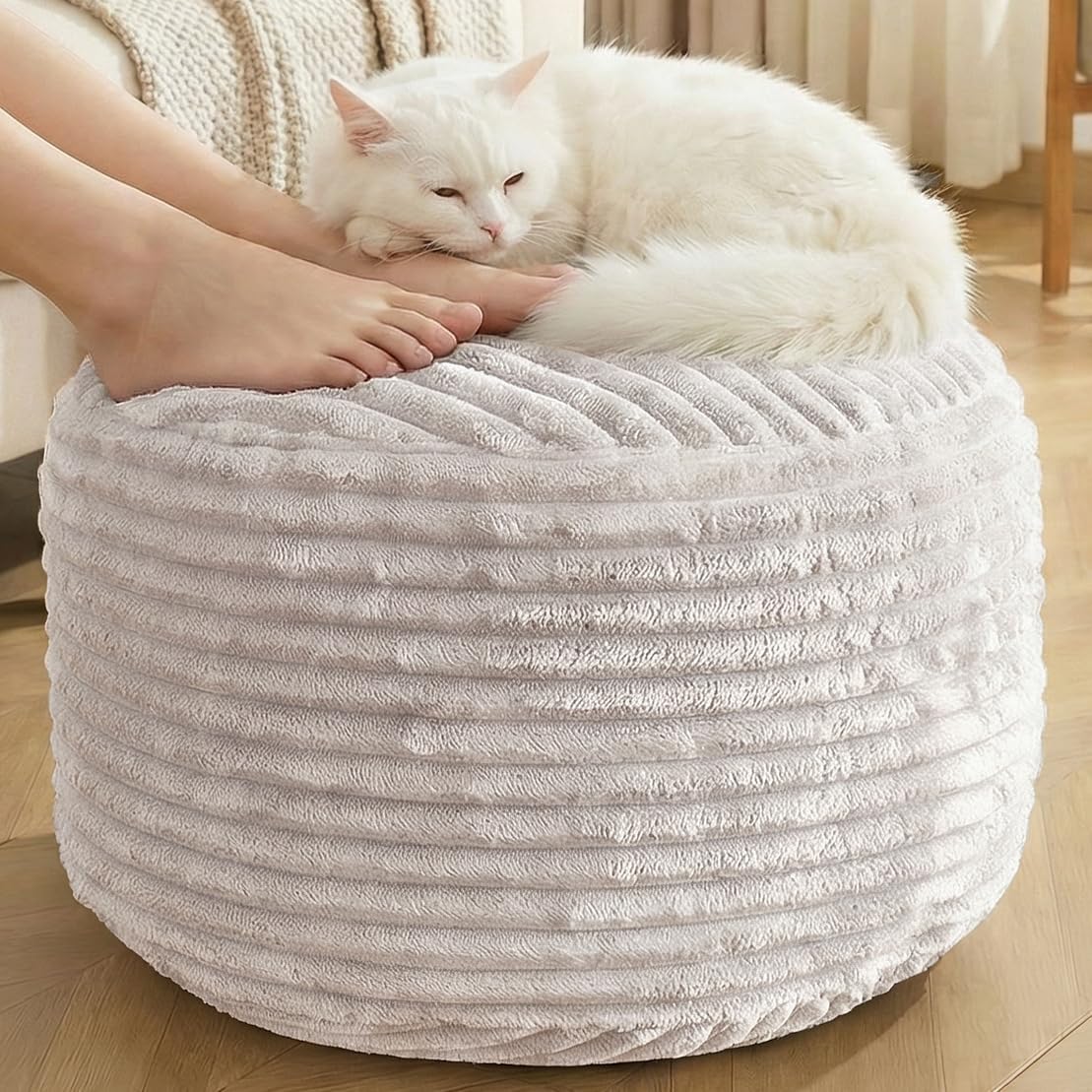 Round Pouf Ottoman,Corduroy Poufs with Memory Foam Filling for Foot Rest,Soft Footstool for Living Room,Office,20"x 15",Beige