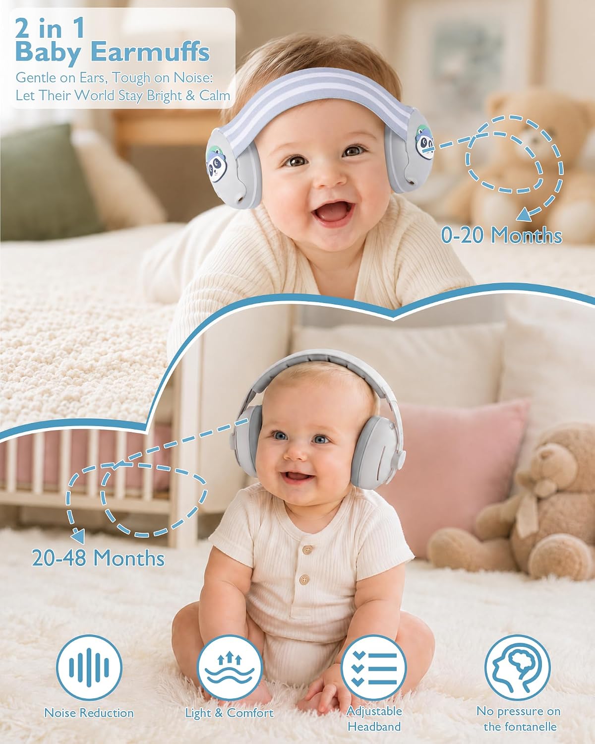 2-in-1 Baby Ear Muffs, Ear Protection Earmuffs, Adjustable Headband & Noise Cancelling Headphones for Noise Reduction