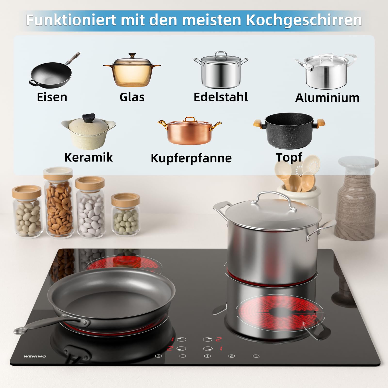 WEHIMO Domino płyta grzewcza, 4 płyty, płyta szklano-ceramiczna, 59 m, 6000 W, 9 stopni ogrzewania, sterowanie dotykowe, zabezpieczenie przed dziećmi, timer 1-99 min, nadaje się do wszystkich garnków