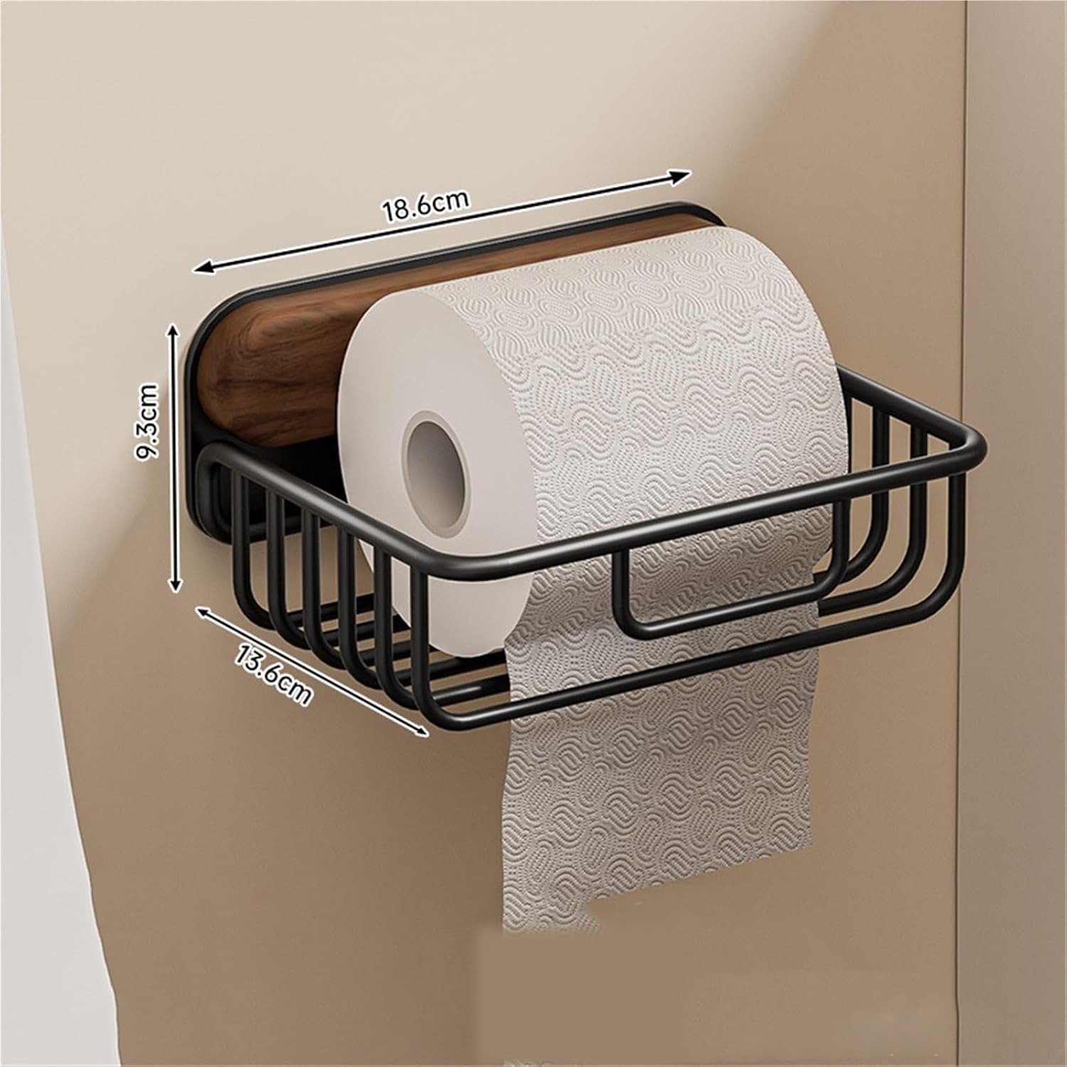 Double Toilet Paper Holder with Shelf, Extra Long Bathroom Wood Wall Mount Tissue Roll Dispenser with Metal Guardrail, Industrial Decor(I)