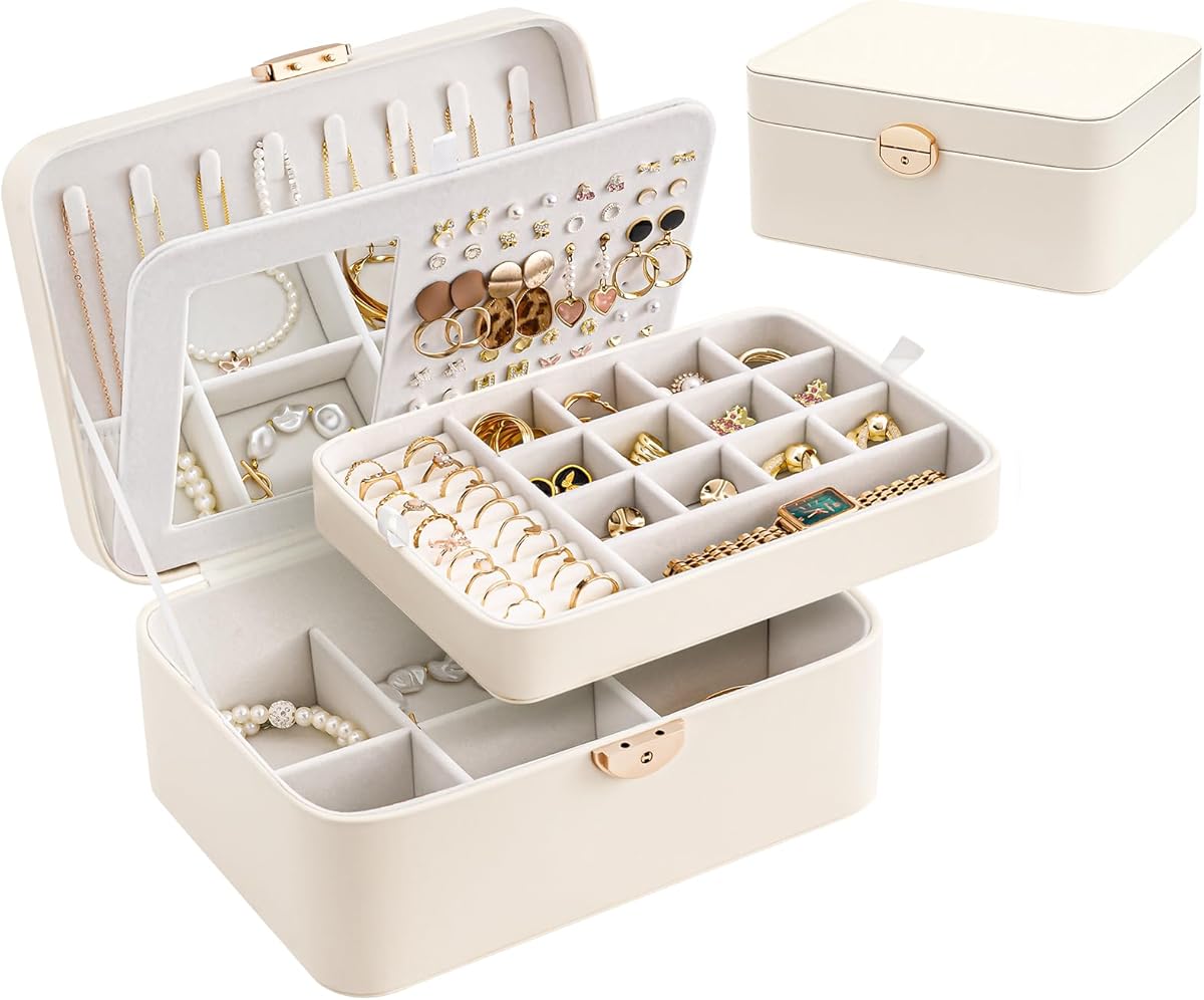 Lolalet 2 Layer Jewelry Box for Teen Girls & Young Women, Jewelry Organizer Case with Round Clasp and Mirror for Earrings Rings Necklaces Storage, Gift Idea -Cloud white