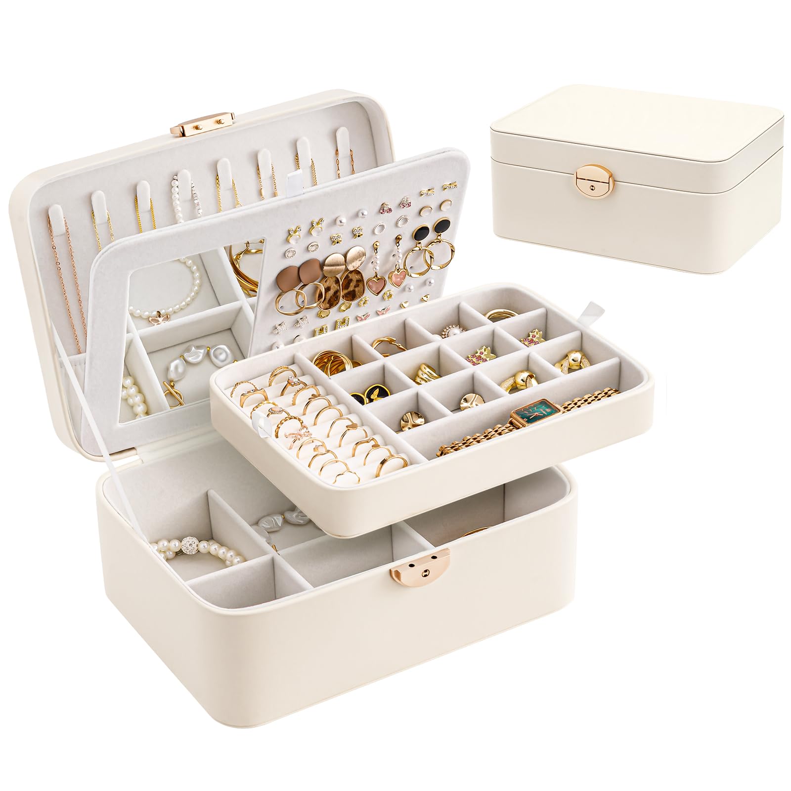 Lolalet 2 Layer Jewelry Box for Teen Girls & Young Women, Jewelry Organizer Case with Bow Clasp and Mirror for Earrings Rings Necklaces Storage, Gift Idea -Cloudwhite