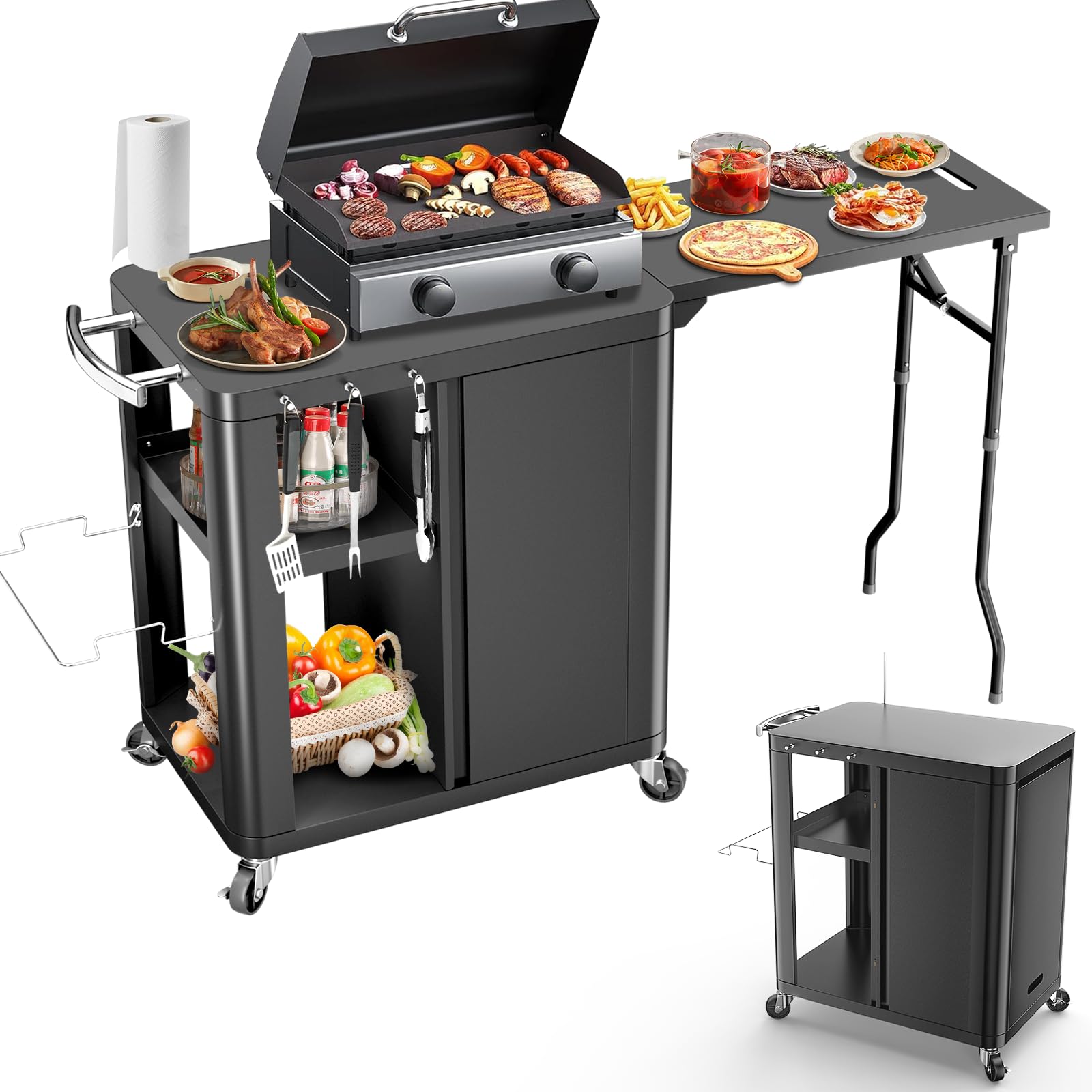 GFTIME Carro de barbacoa, mesa de barbacoa con mesa auxiliar plegable, cocina al aire libre con ganchos, estante de almacenamiento y armario, carrito de servir con ruedas, cocinas al aire libre, 143 x