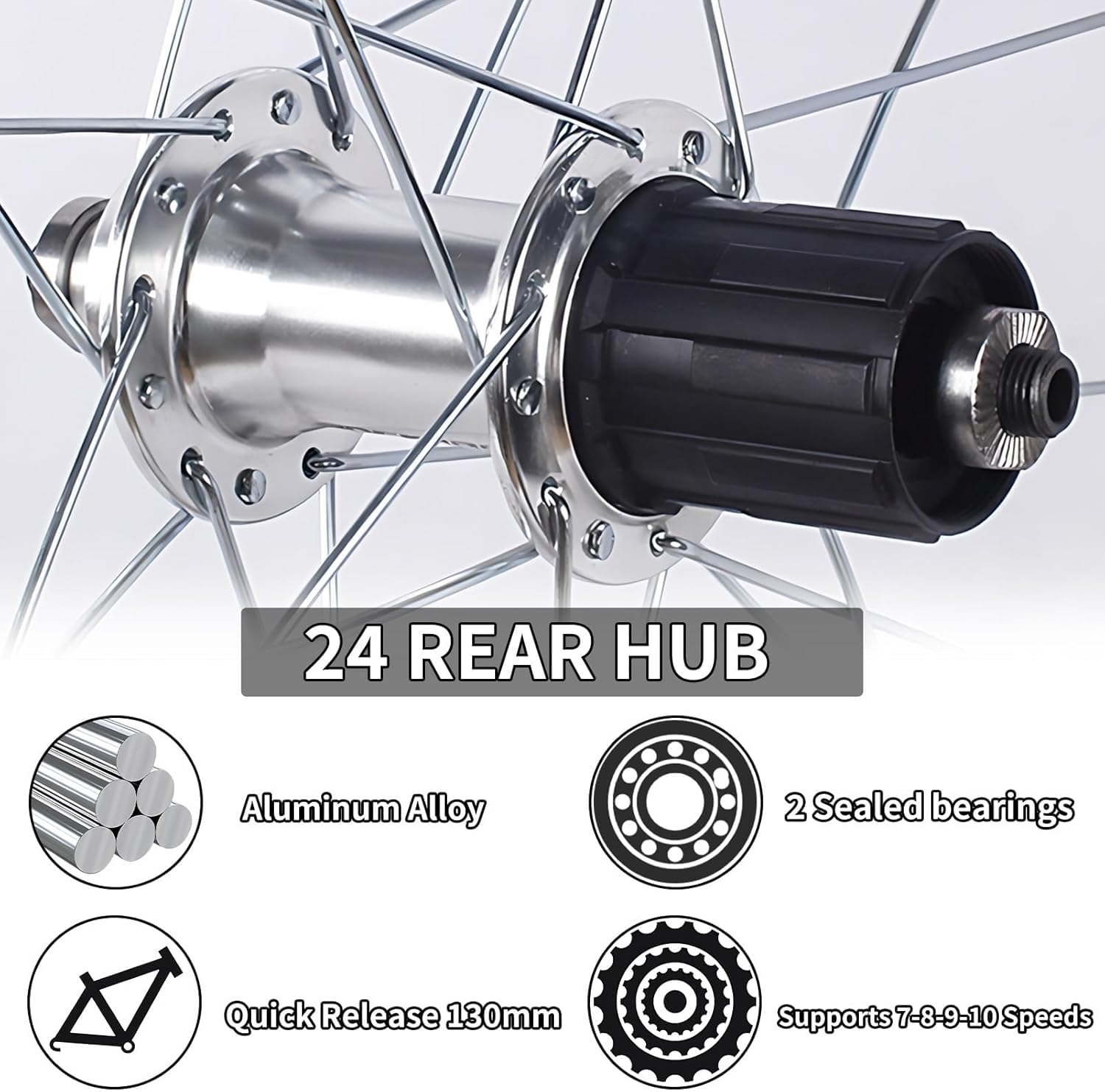 Aluminium stopu 700C Rower Rowerowe Warstwa Doule Warstwa warstw V Szybkie uwalnianie 24H Hubs dla 7/8/10/11 Kaseta prędkości przednie i tylne koła (SVART), srebrne