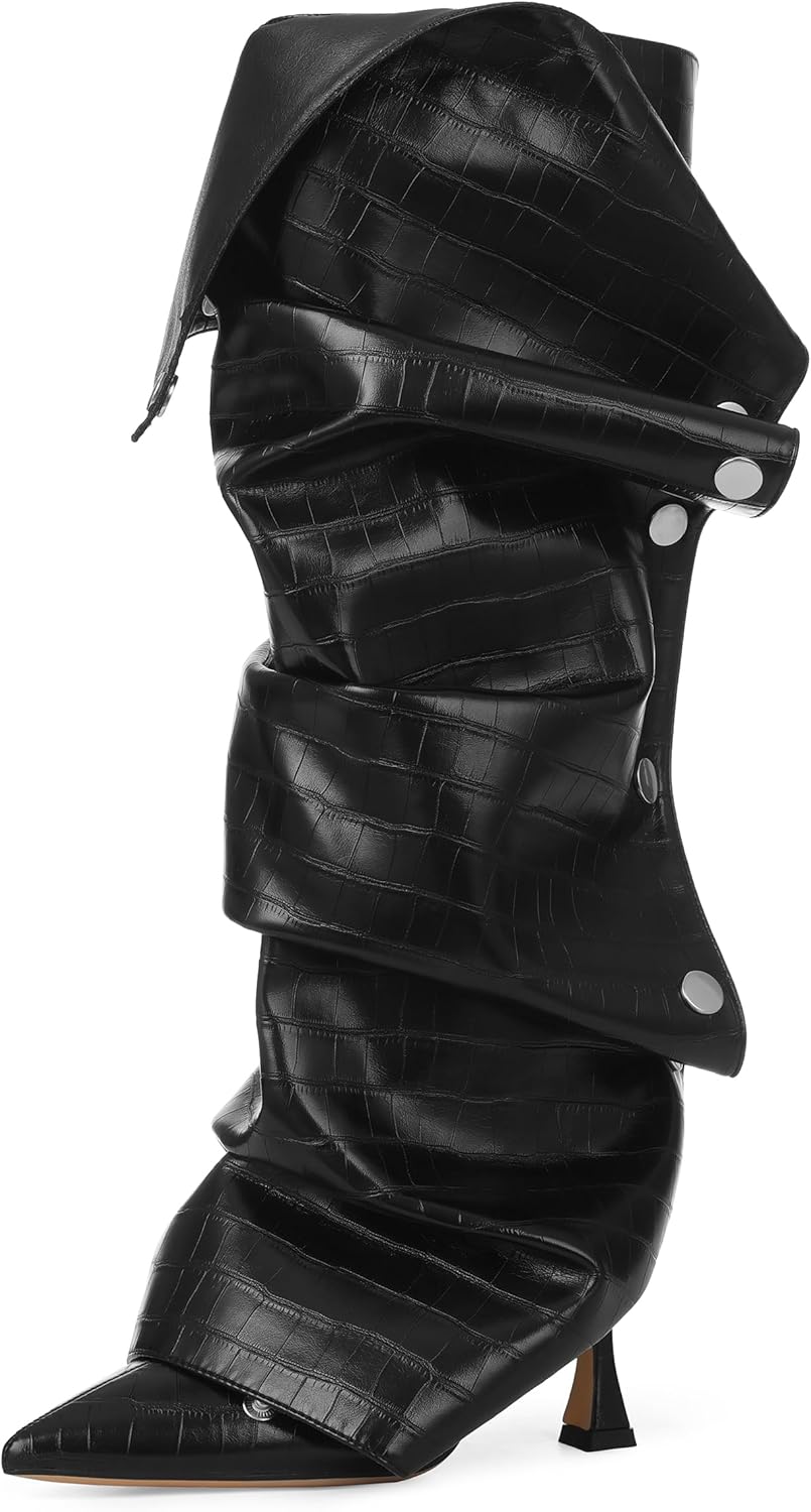 Women's Knee High Matte Faux Leather Pointed Toe High Heels Boots Ruched Stiletto Wide Calf Zipper Slouchy Dress Boots