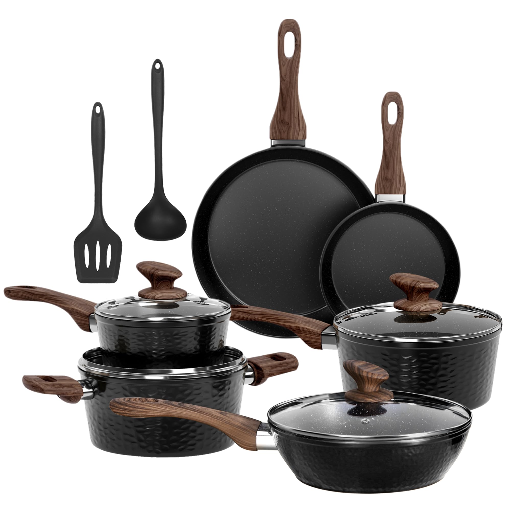 Kitchen Academy - Set di pentole a induzione, 12 pezzi, con rivestimento in granito e coperchi in vetro, adatte a induzione, pentole e padelle in alluminio, colore: Nero