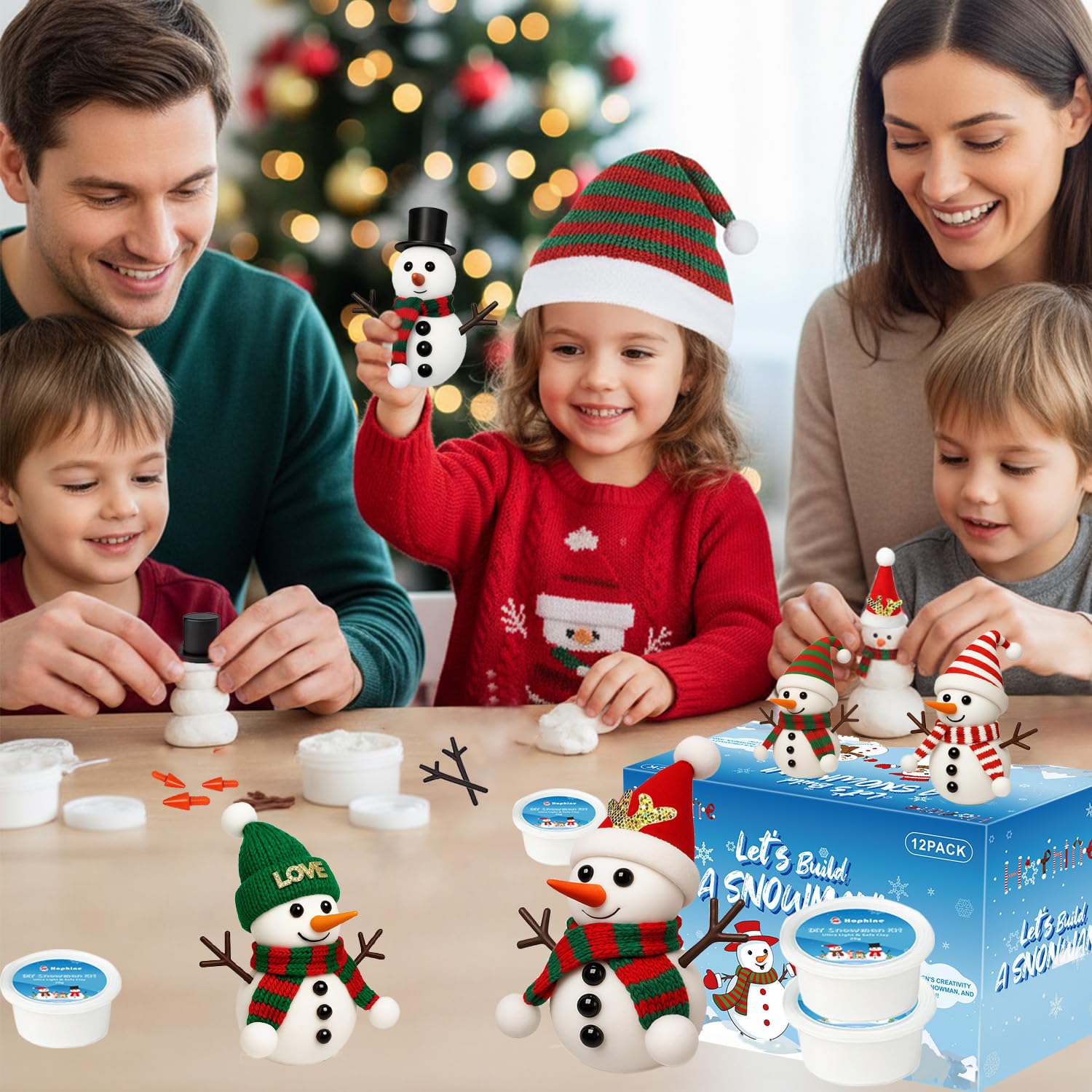Paquete de 12 kit de muñeco de nieve, kit de muñeco de nieve de arcilla moldeada, manualidades de Navidad para niños, perfecto para fiestas de vacaciones de invierno, rellenos de calcetines de 4