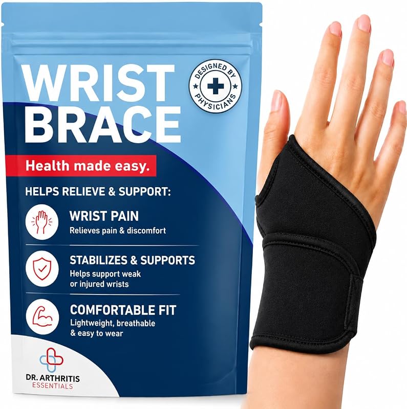 Dr. Arthritis Essentials Muñequera para apoyo y alivio del dolor – Muñequeras ajustables para estabilidad y comodidad – Ideal para recuperación, trabajo, deportes y uso diario (negro individual)