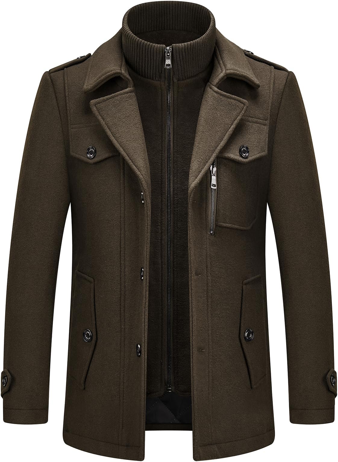KUDORO Mens Wool Coats Short Winter Padded Trench Coat for Casual Business Outwear Thick Wool Blend Peacoat with Removable Inner Collar