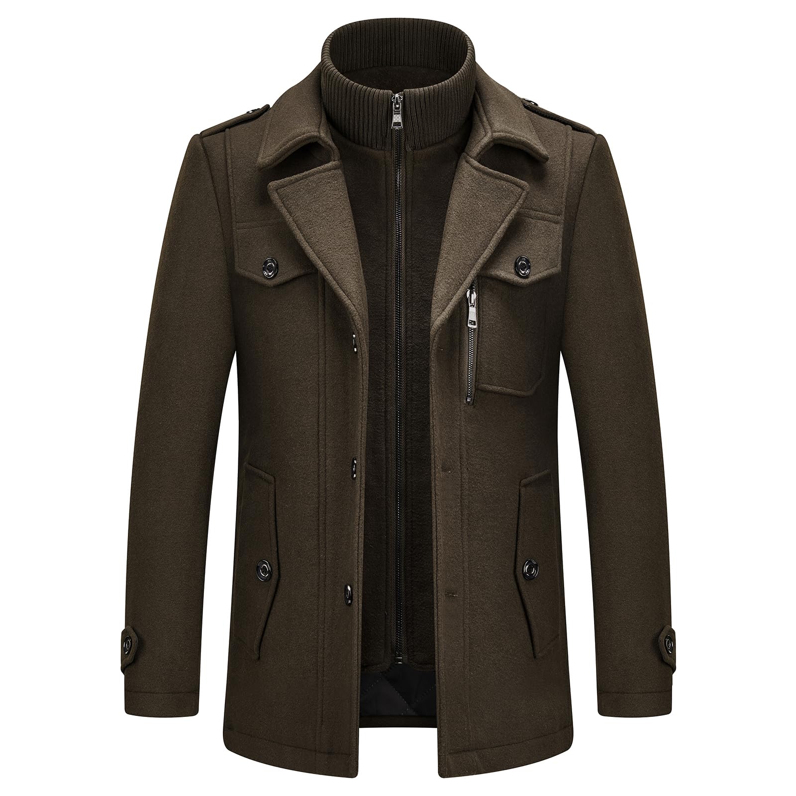 KUDORO Mens Wool Coats Short Winter Padded Trench Coat for Casual Business Outwear Thick Wool Blend Peacoat with Removable Inner Collar