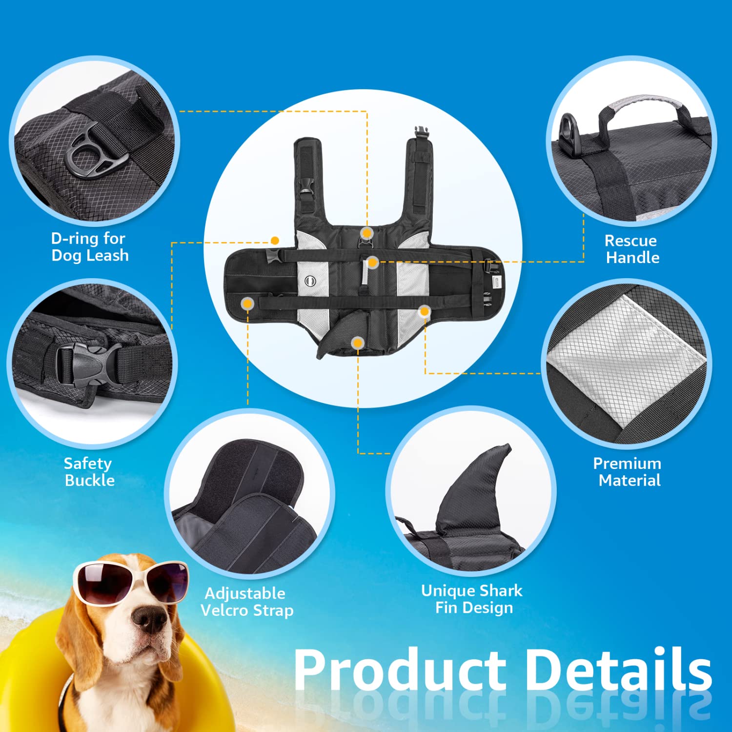 Nobleza - Chaleco Salvavidas para Perros con Aleta De TiburóN, Flotador Perro con Tiras Reflectantes, Chaleco de Natación para Perro con Asa y Alta Flotabilidad para Nadar, Surf, Navegar, Gris(L)