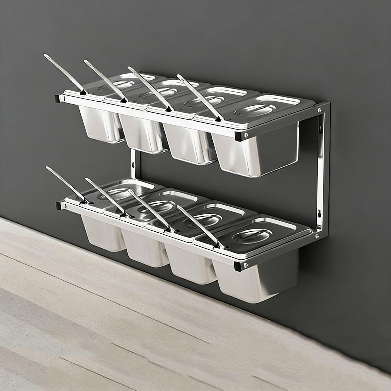 Stazione per condimenti a doppia fila, organizer da parete per pizza con coperchio e cucchiaio, in acciaio inox, portaspezie per cucina o ristorante, 10 griglie