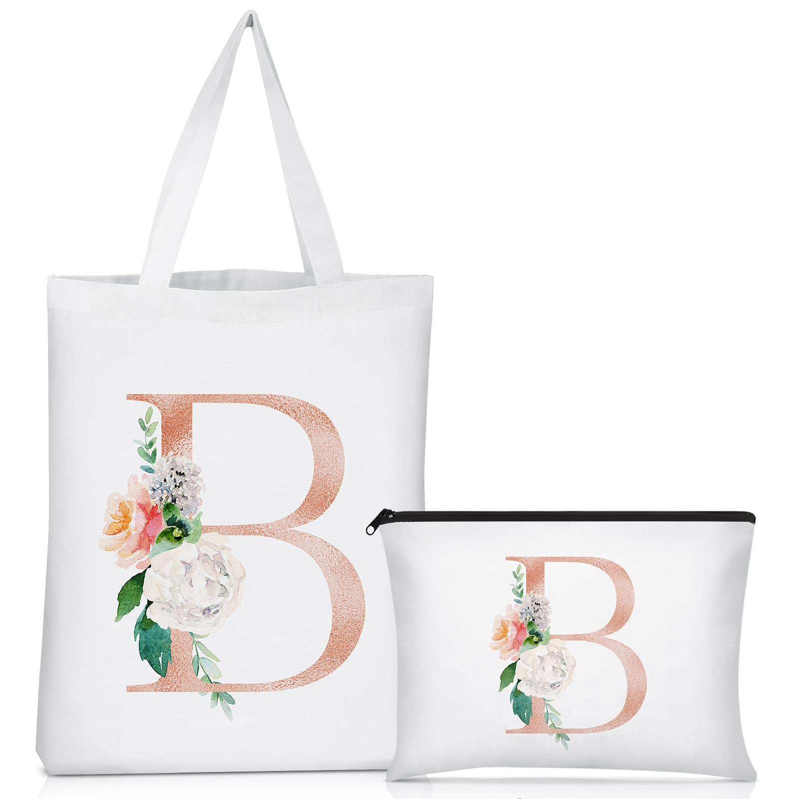 Sanwuta 2 Pcs Initial Canvas Tote Bag Wedding Gift Floral Letter Travel Cosmetic Bag Monogrammed for Woman Wedding