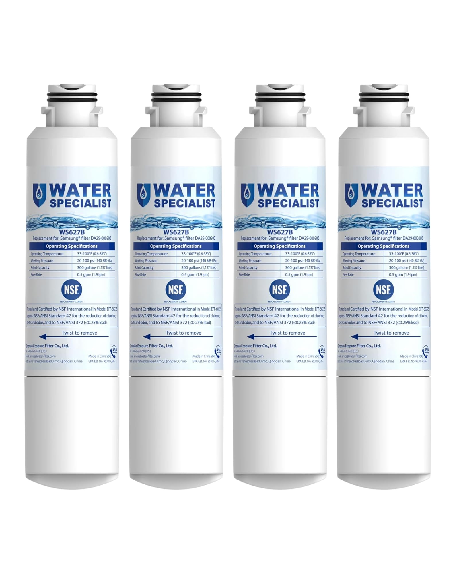Waterspecialist Filtro de agua para refrigerador, material sin plomo, blanco, 4 unidades (paquete de 1)