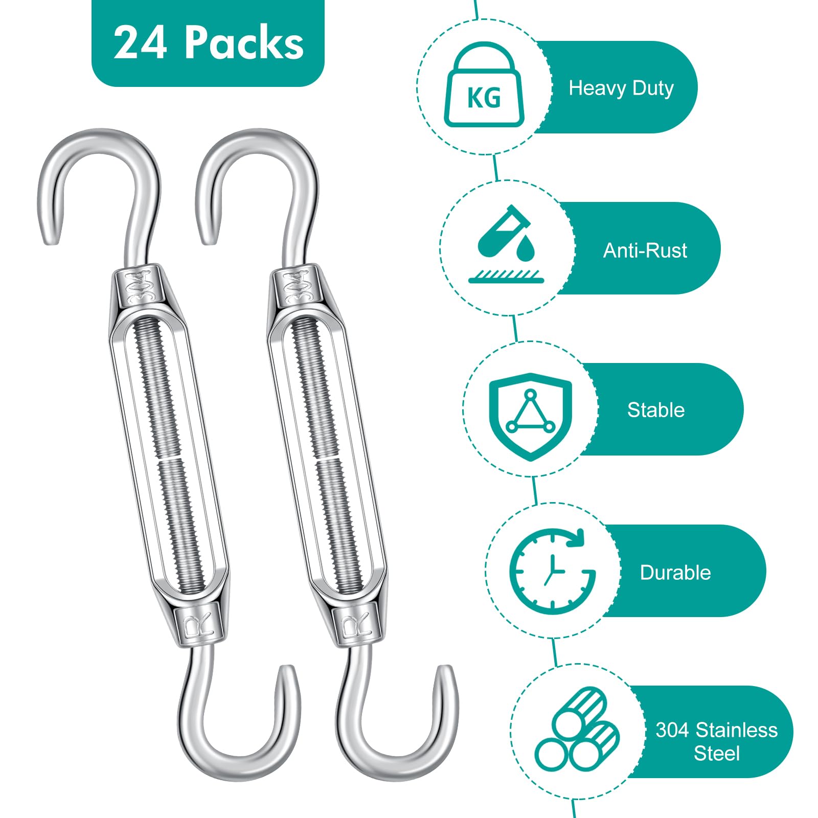 Therwen 24 tenditori da 4 mm con gancio e gancio per tensione di cavi, in acciaio inossidabile 304, per fai da te, per appendere quadri, filo da giardino, recinzione, corda per tenda