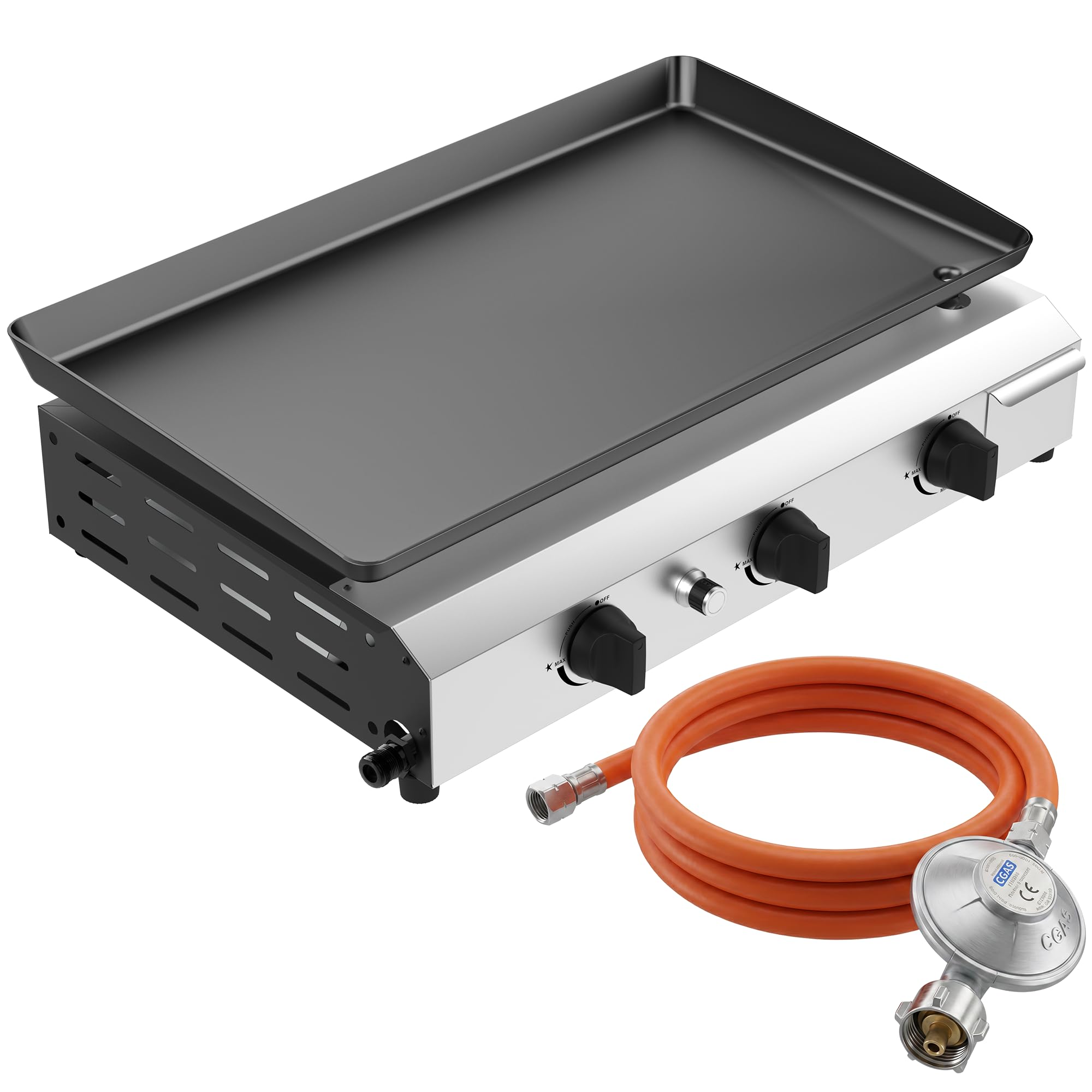 Veralune Gas Plancha, 3-Brenner Gasgrill 6,3 kW, 64*39cm großer Kochbereich | Grillplatte, Kompakt Tischgasgrill mit 50 mbar Druckregler, Keramikbeschichtung, für Butan/Propan, Garten, Picknick & Strand