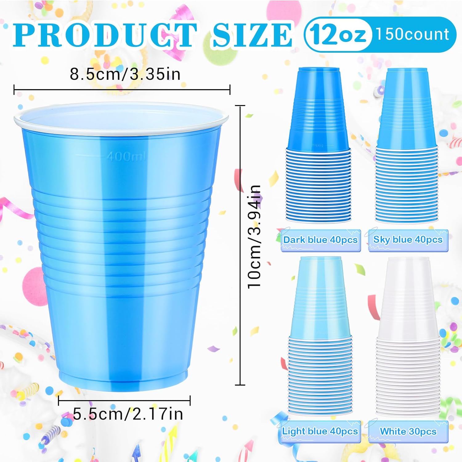 150 Pcs 12oz Plastic Cups Bulk Blue Disposable Party Cups Supplies for Birthday Wedding Graduation Halloween Thanksgiving Christmas Festival Family Gatherings Celebrations - Image 2