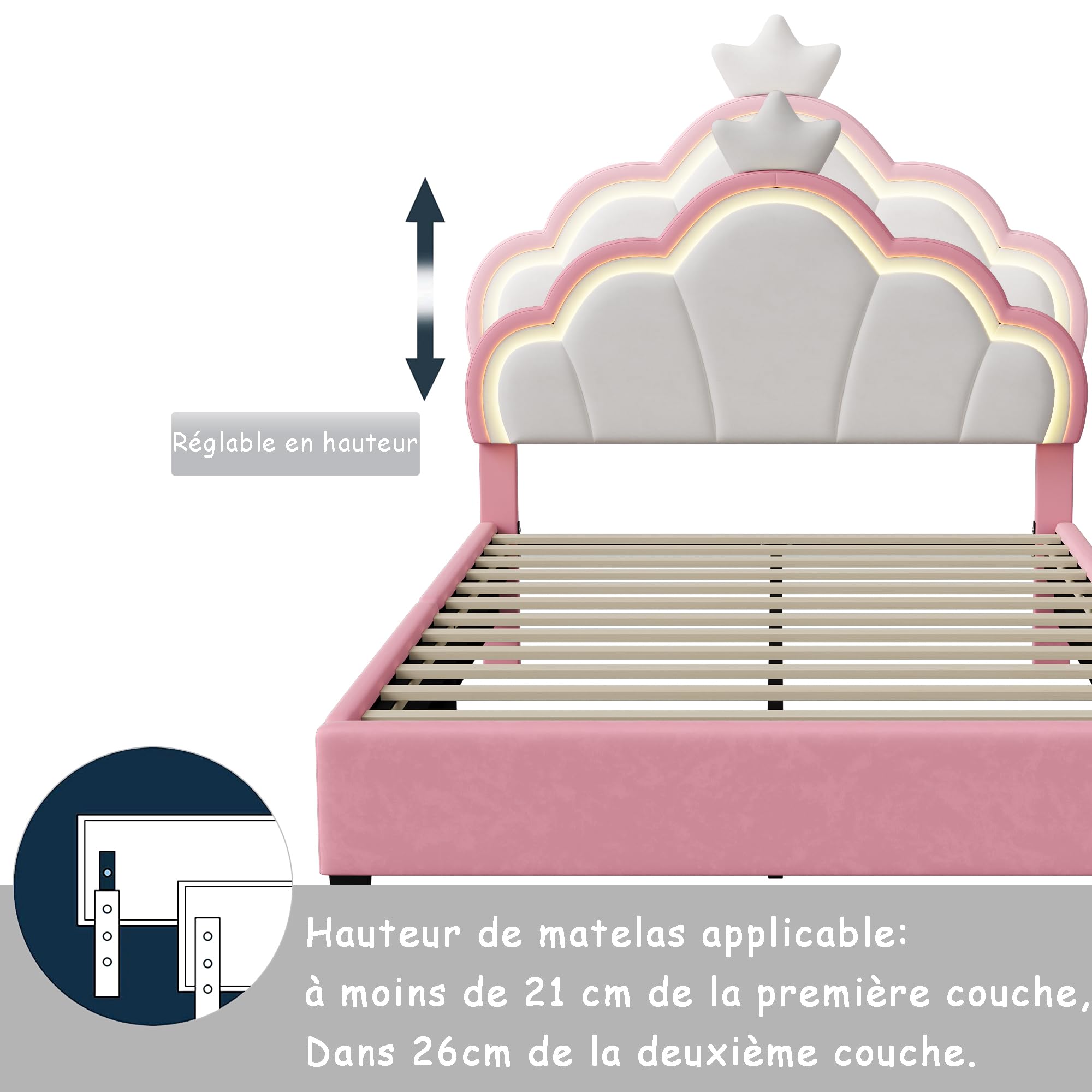 Lit Enfant Rembourré 90x200 cm avec LED pour Fille Adolescent- Tête de Lit Réglable en Hauteur, Sommier à Lattes, Design Couronne de Princesse en PU Rose (sans Matelas)