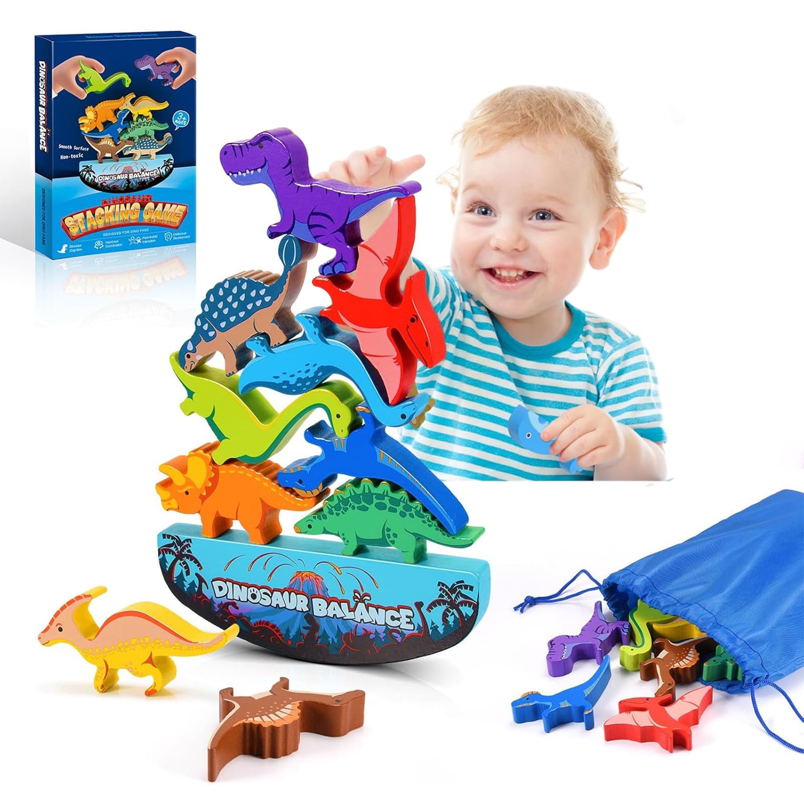 Tangdudu Toddler Building Blocks Wooden Dinosaur Toys for Boys, Montessori Stacking Educational Toys for 1-3 Year Old, Gifts for Girls and Boys