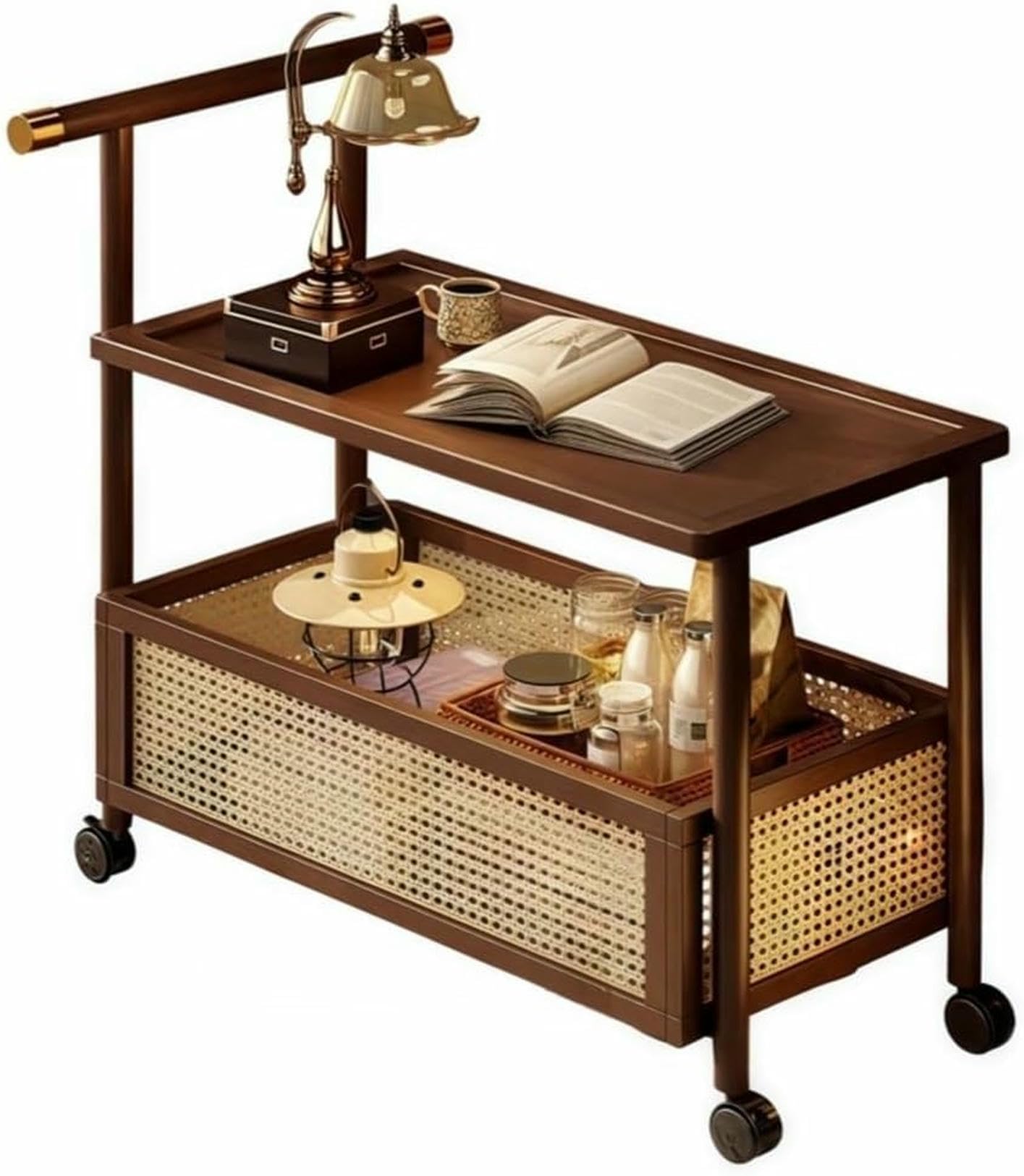 Eiwitany Modern 2-Tier Wooden Rolling Cart with Rattan Basket, Side Table & Nightstand, Stylish Storage Solution for Living Room & Home Decor (50 cm)