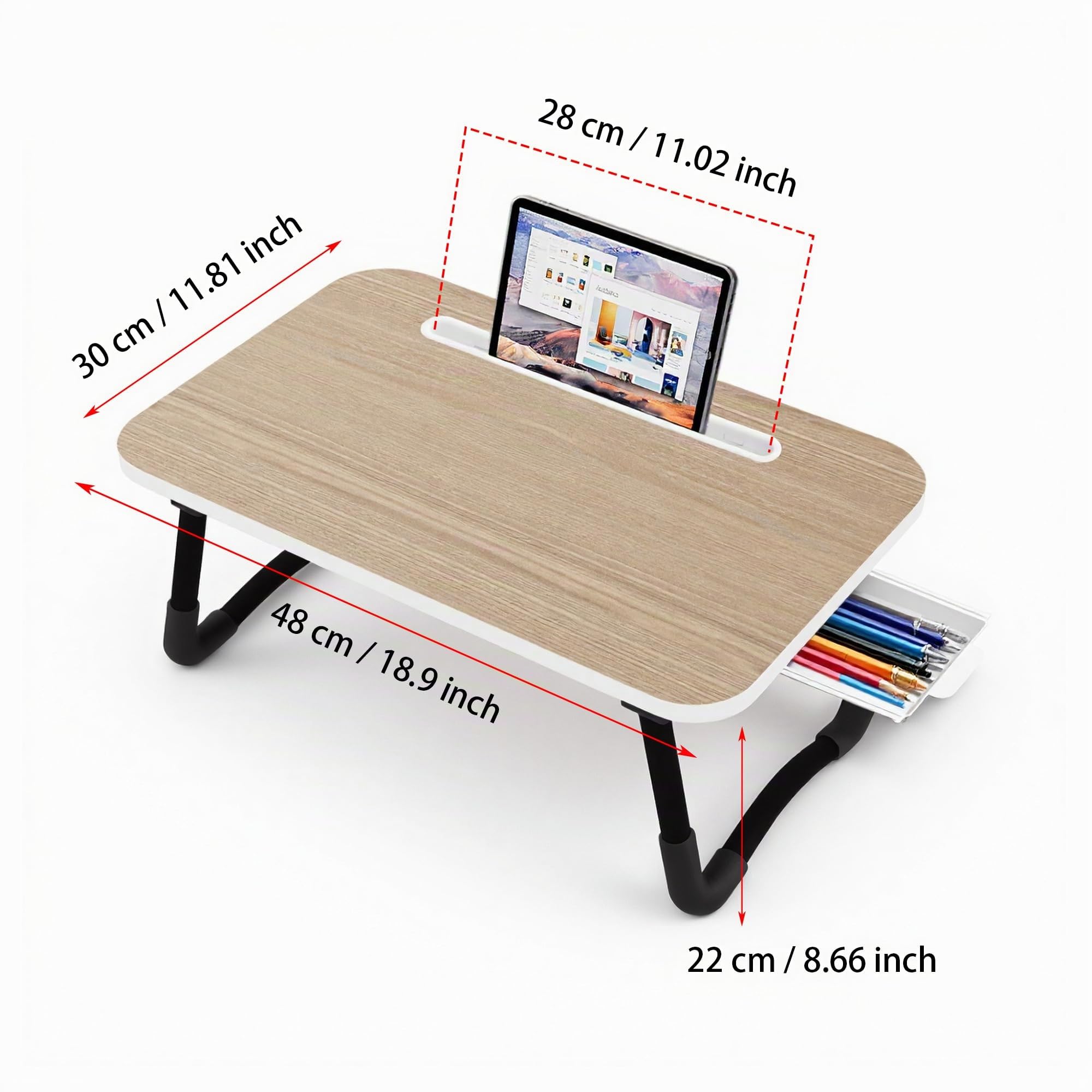 Table de lit - Petit Bureau de Genou 48 x 30 cm pour Petit-déjeuner au lit, études, Travail de Bureau, Jeux, écriture et Lecture. Table Plateau Support d'ordinateur Portable (Small Wood 48x30)