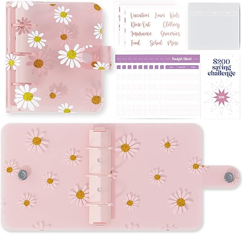SOUL MAMA Mini carpeta con sobres de efectivo, bonita cartera A8 rosa margarita, organizador de dinero, planificador de presupuestos transparente de