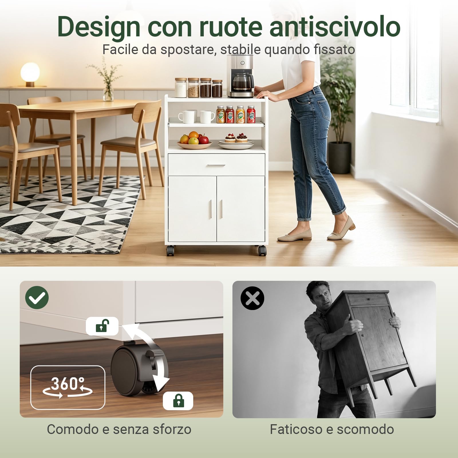 SoBuy Carrello Cucina con Ruote, Mobile Microonde con Piano Estraibile e Cassetto, Mobile Cucina Salvaspazio per Piccoli Ambienti, Cucina, Coffee Station e Soggiorno, Bianco 59×40×92 cm FSB09-W
