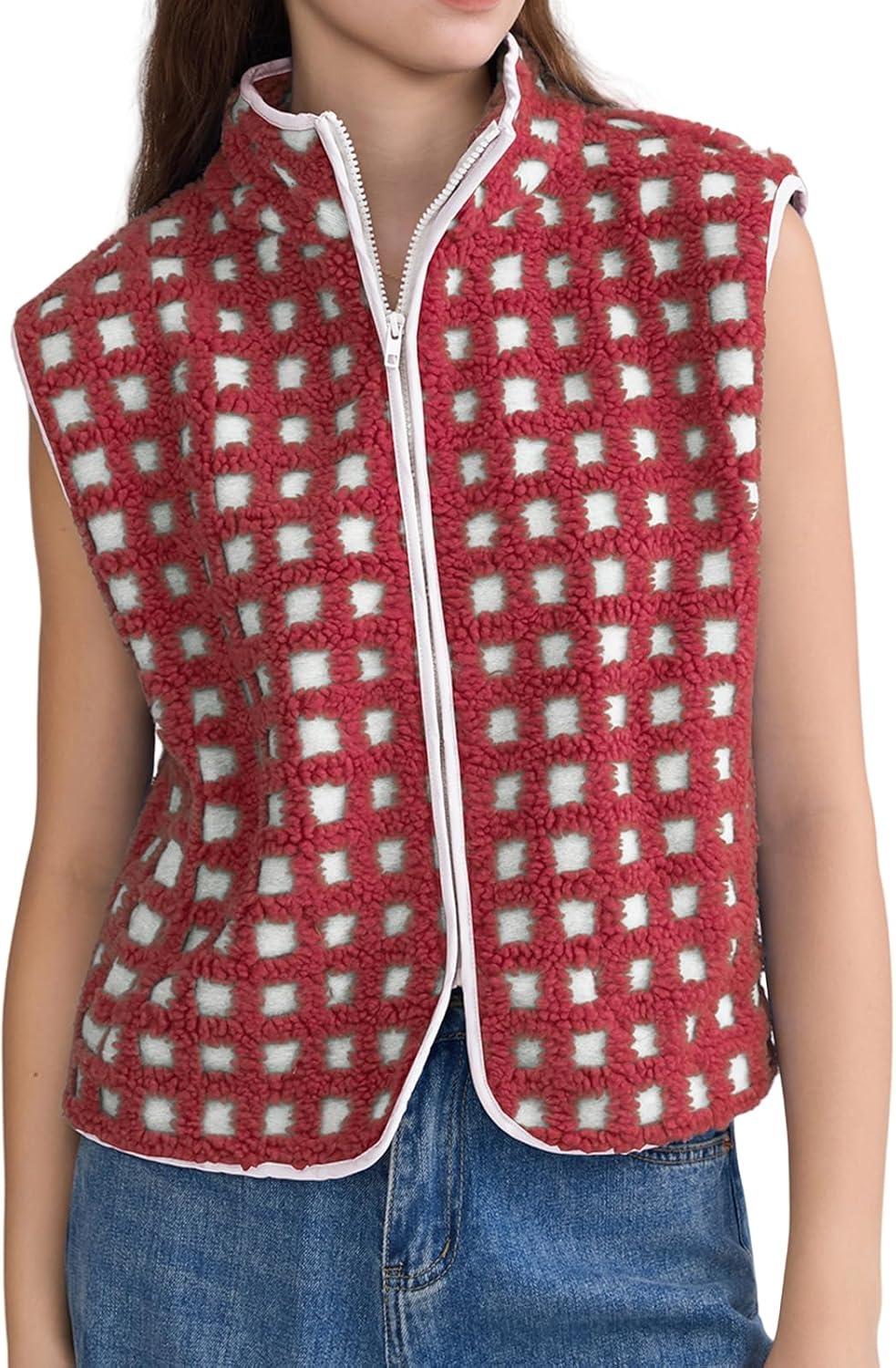 Women's Checkered Sherpa Vest Sleeveless Winter Fleece Jacket Zip Up High Neck Warm Plaid Gilet with Pockets