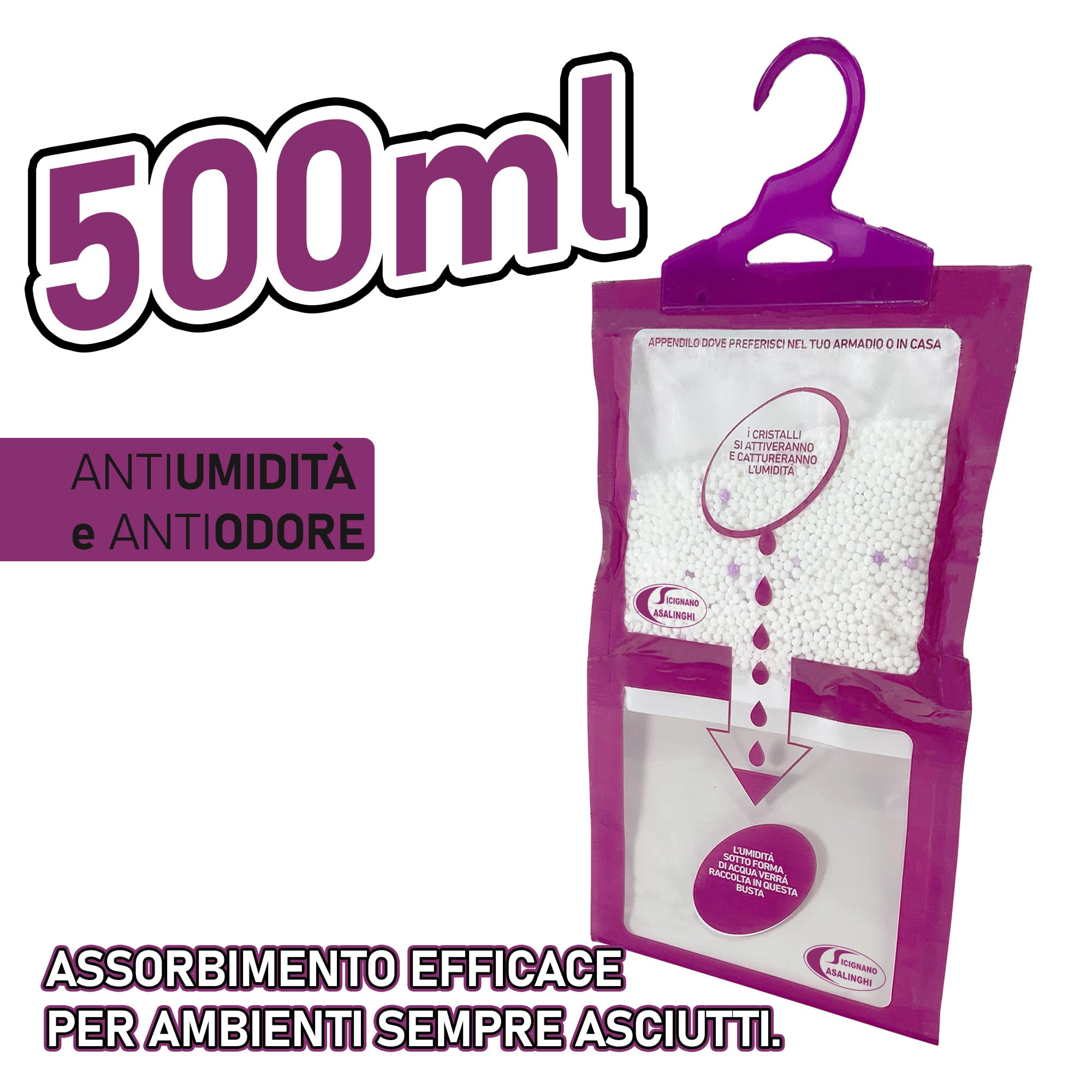 Sicignano | Set 10 Deumidificatori con Appendino 2 in 1, Anti-Umidità e Anti-Odore, Capacità 500 ml, Ideale per Armadi e Ambienti Domestici, Fragranza Lavanda