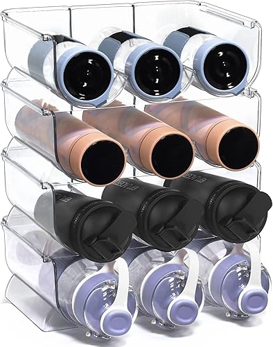 IWNTWY Organizador de botellas de agua, paquete de 4 soportes apilables de plástico transparente, estante de almacenamiento para botellas de agua