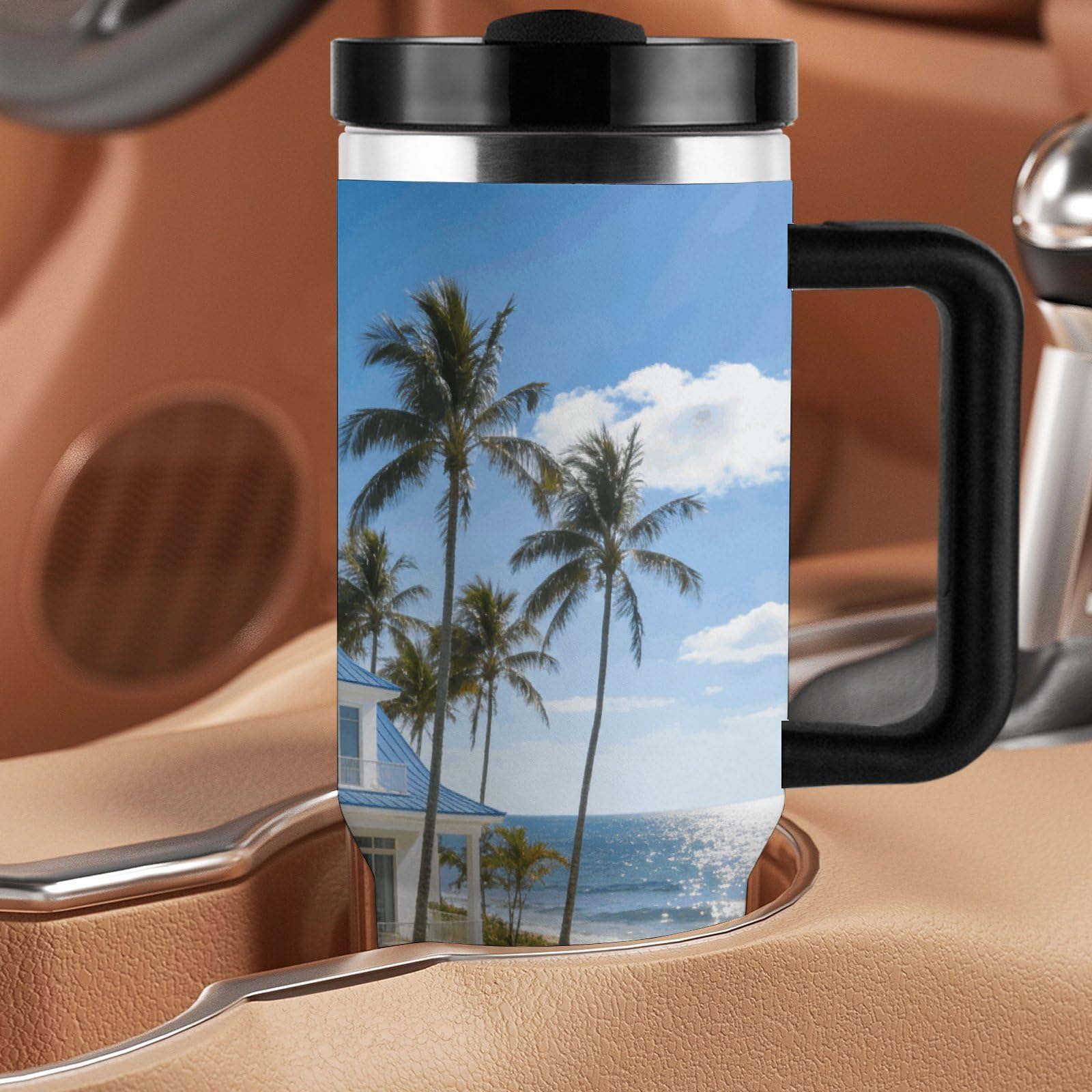 Blue Sea White House - Tazza da caffè da viaggio in acciaio inox, tazza da caffè con coperchio e cannuccia, tazza con manico, grande capacità, doppia parete, sottovuoto, a prova di perdite