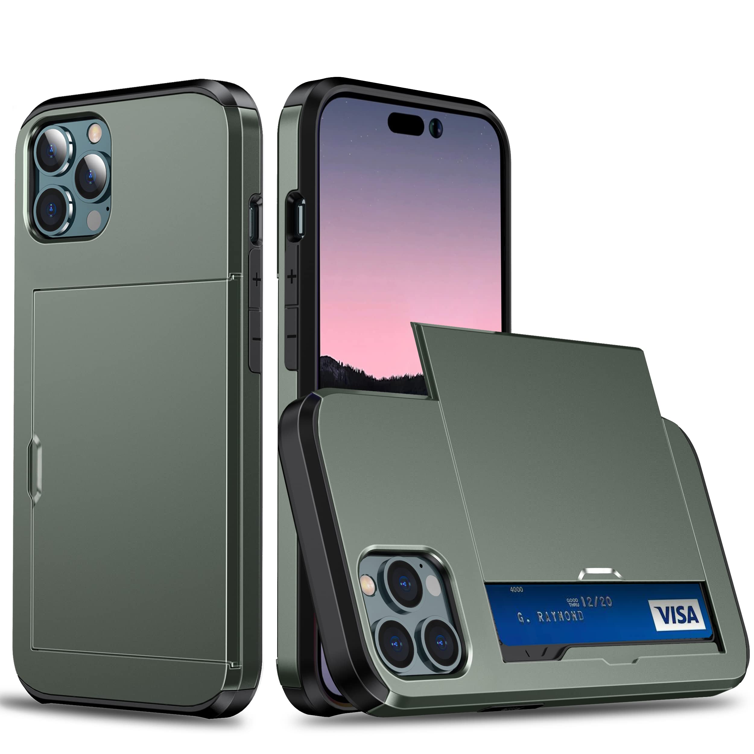 Etui do iPhone 13 Mini 5.4 z ukrytym schowkiem na kartę, pancerne etui z twardego PC miękkiego TPU, smukłe matowe etui z przesuwną kieszenią na 1-2 karty Ciemnozielony