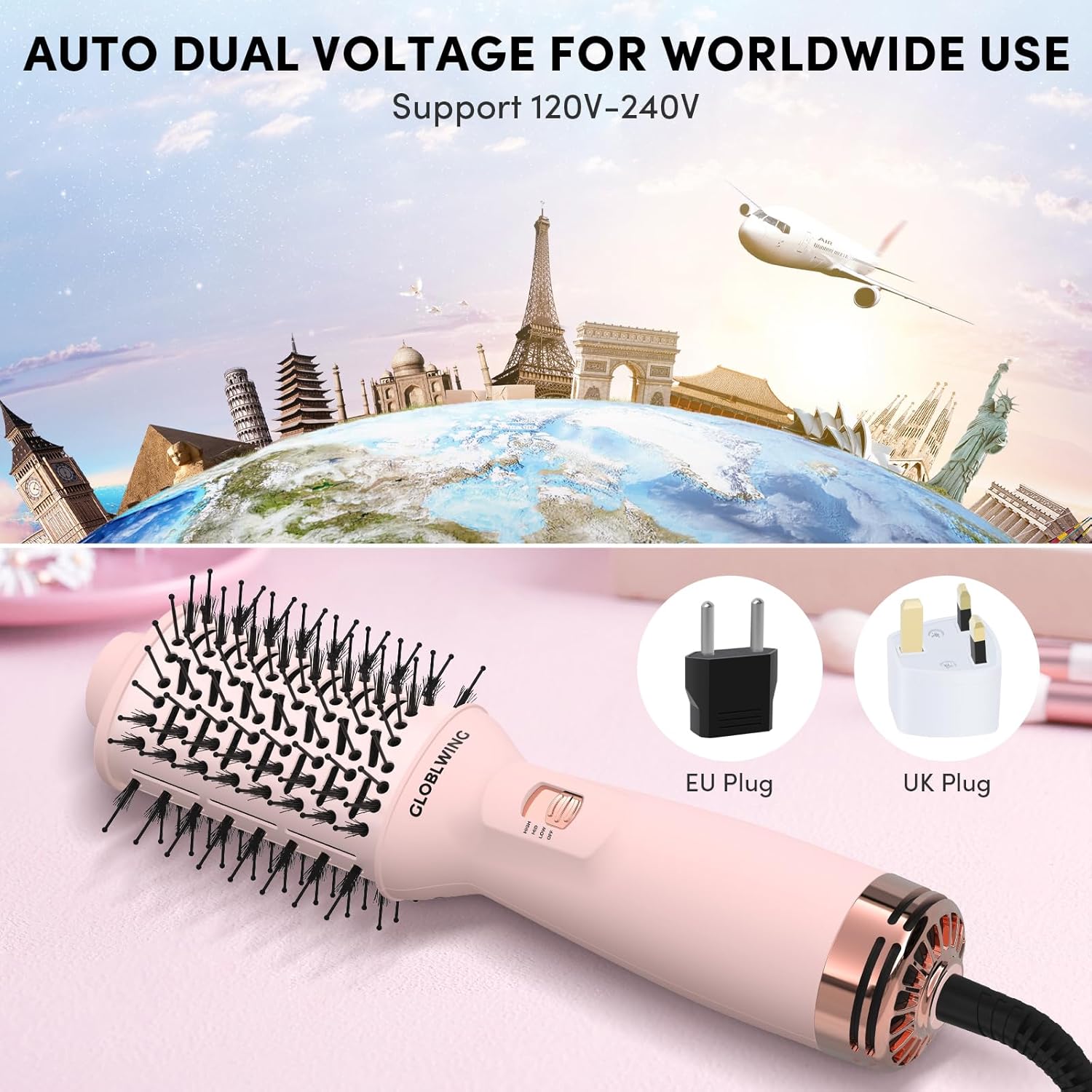 Automatic Dual Voltage Travel Hair Dryer Brush Compact Mini Hot Air Brush with European Plug One Step Blow Dryer and Styler for Women, Oval Barrel 3 Heat & 2 Speed Settings - Image 2
