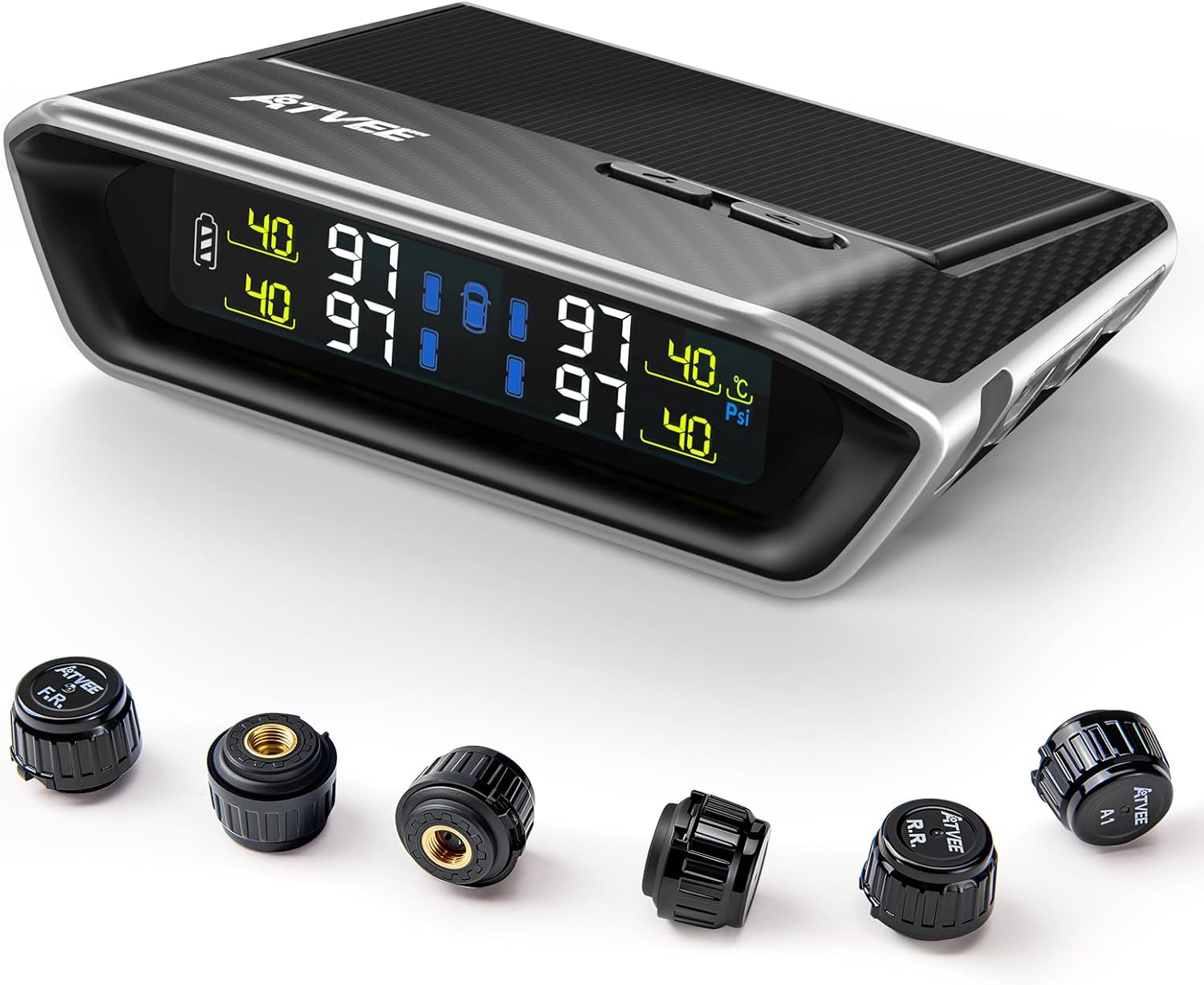 RV Tire Pressure Monitoring System, TPMS with 6 Sensors for RV, Trailer, Truck & Camper, 0–115 PSI Trailer TPMS with Solar & USB Charging and 5 Alarm Modes, Color LCD Display