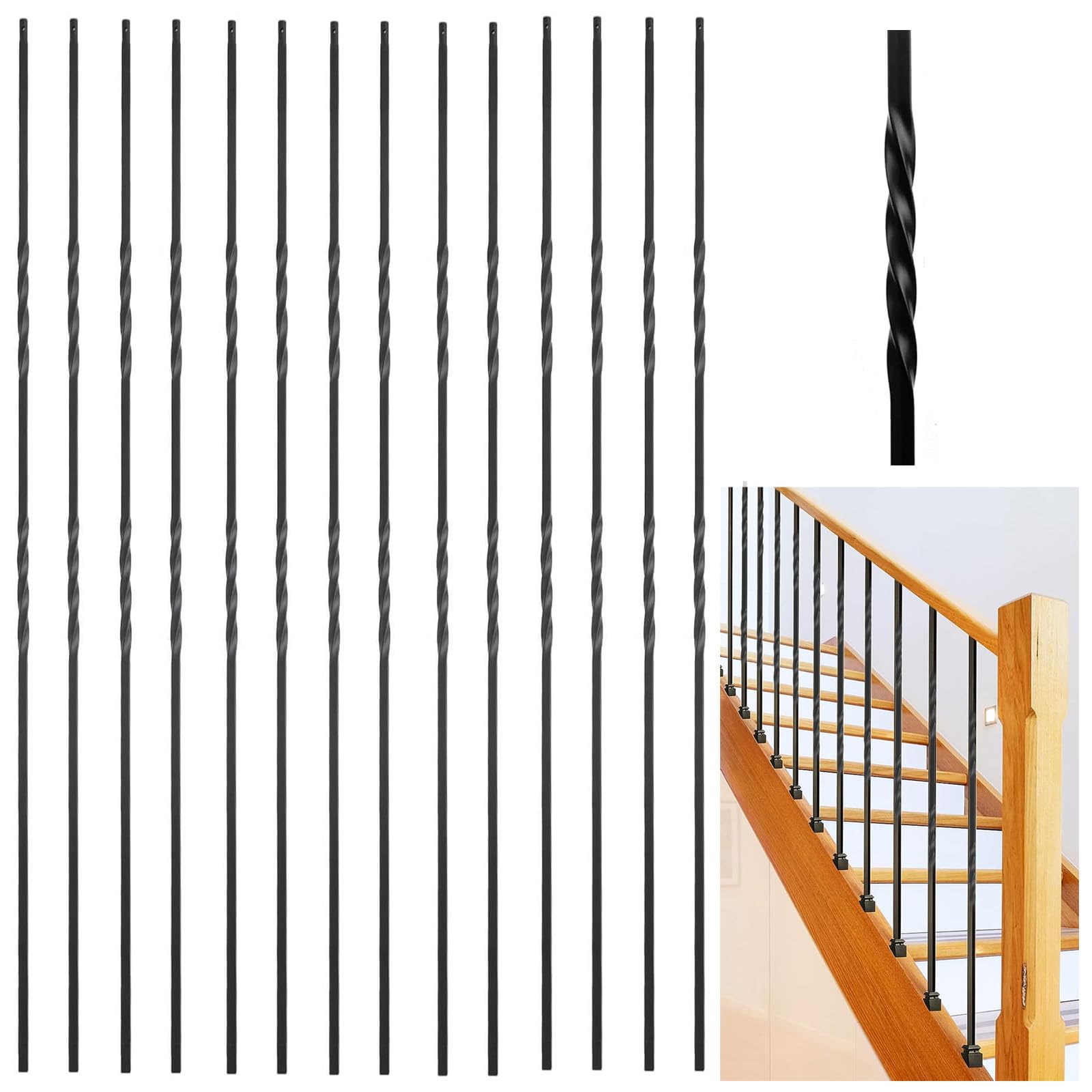 15 Pcs Hollow Double Twist Iron Balusters, 1/2" x 44" Hollow Iron Baluster for Staircase Remodel, Matte Black Metal Railing