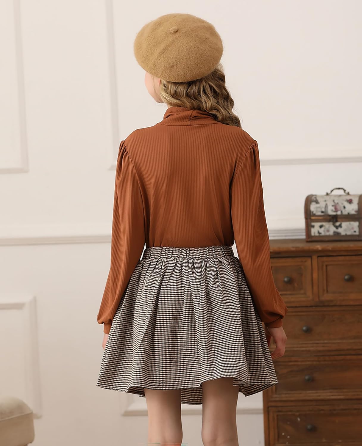 Girls Skirt Sets 2 Piece Outfits Long Sleeve Puff Mock Neck Tops and Plaid Skirts Fall Winter Clothes Size 6-14Y - Image 5